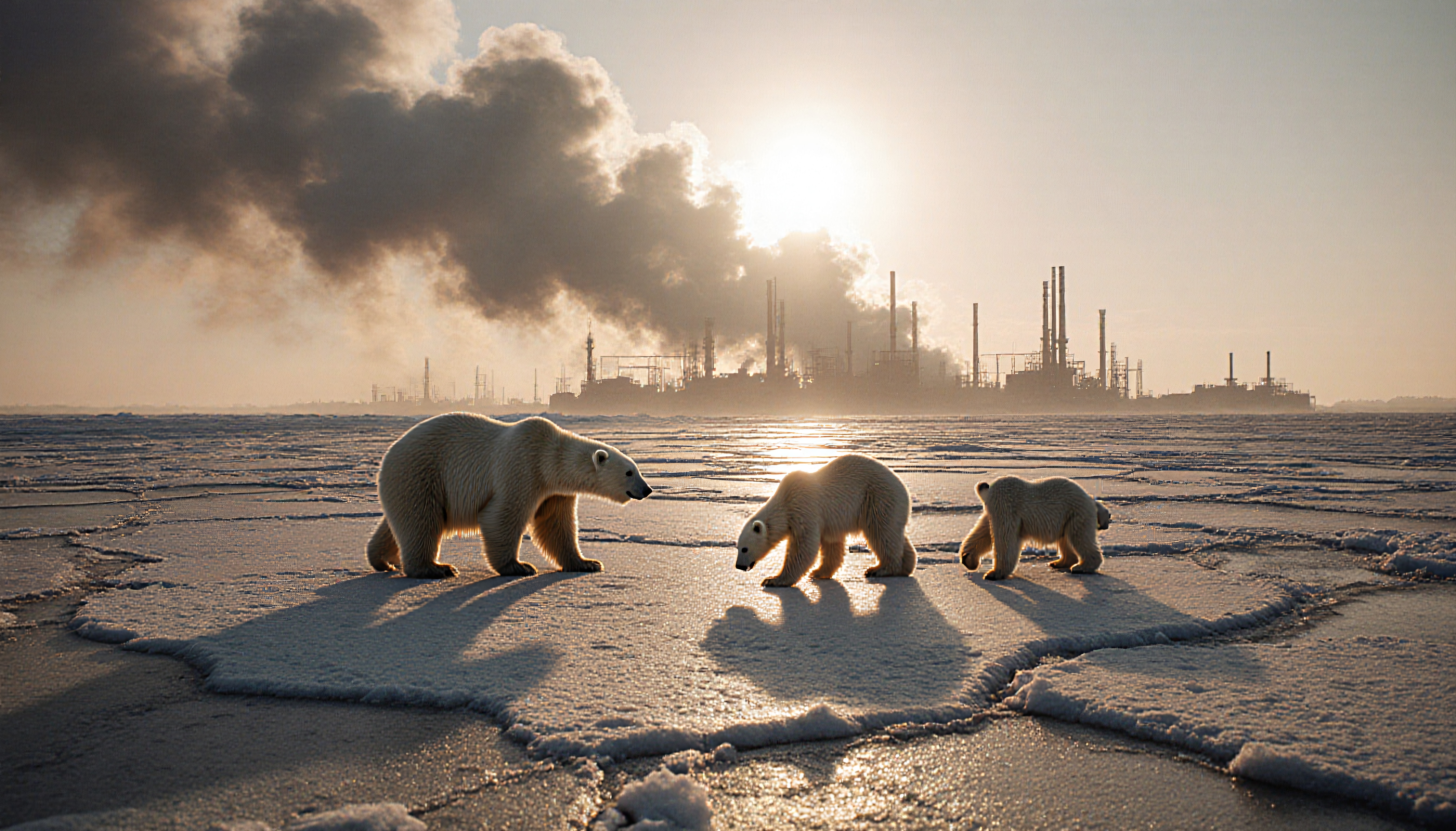 Three polar bears on ice with industrial smoke in background.