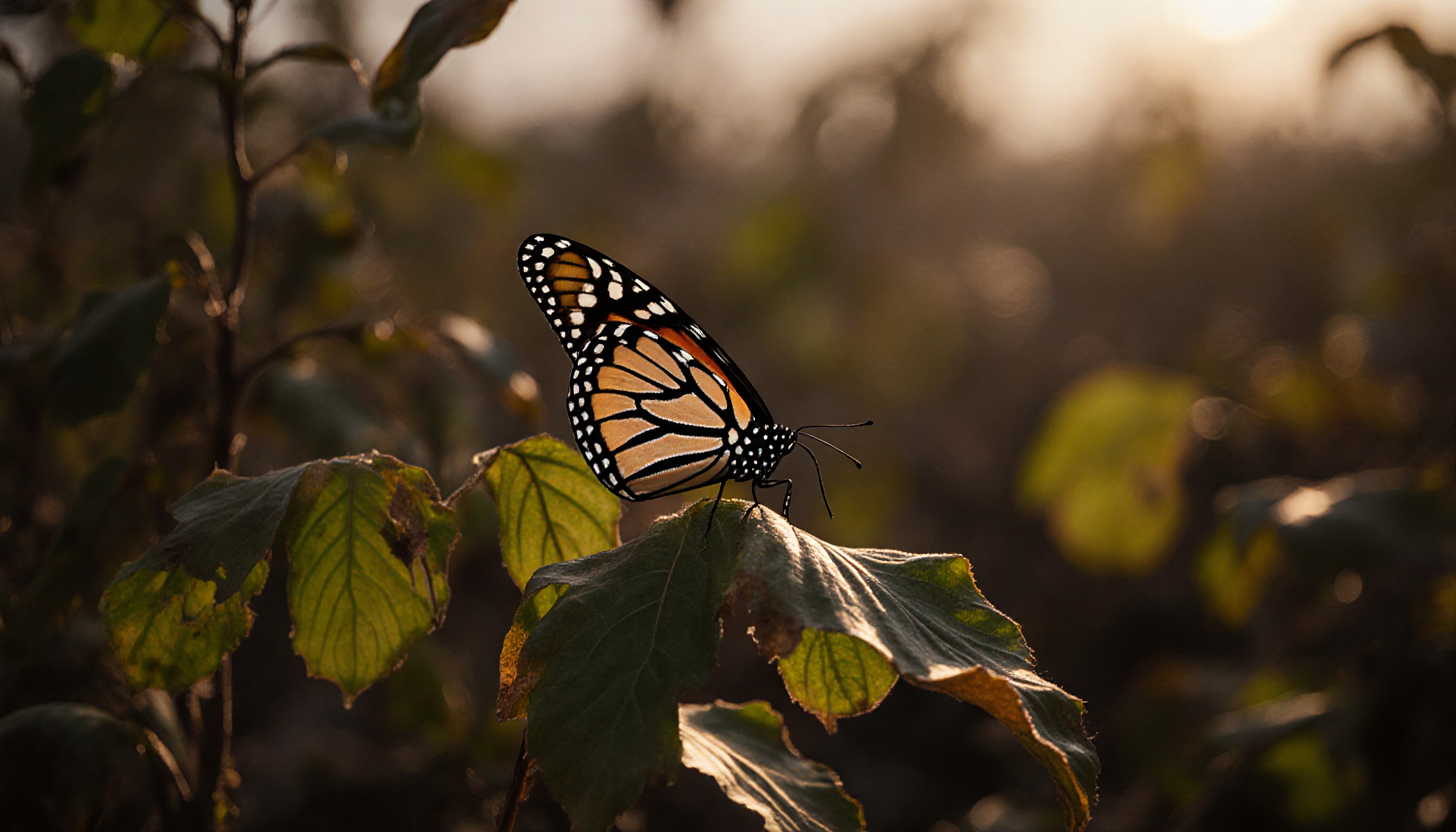 A monarch butterfly rests on a leaf during sunset.
