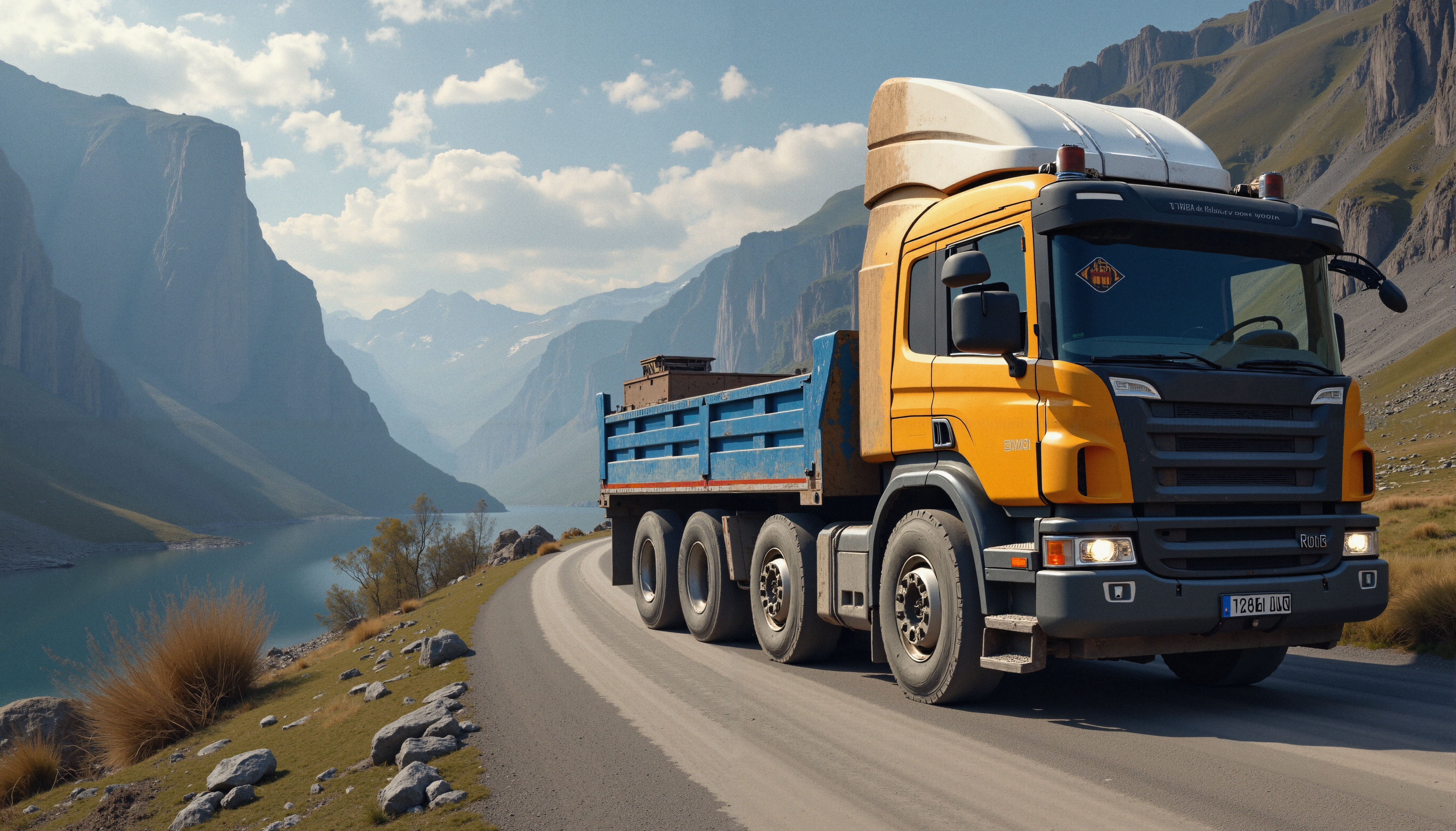 A vibrant yellow truck drives along a winding mountain road beside a turquoise lake under a clear blue sky.