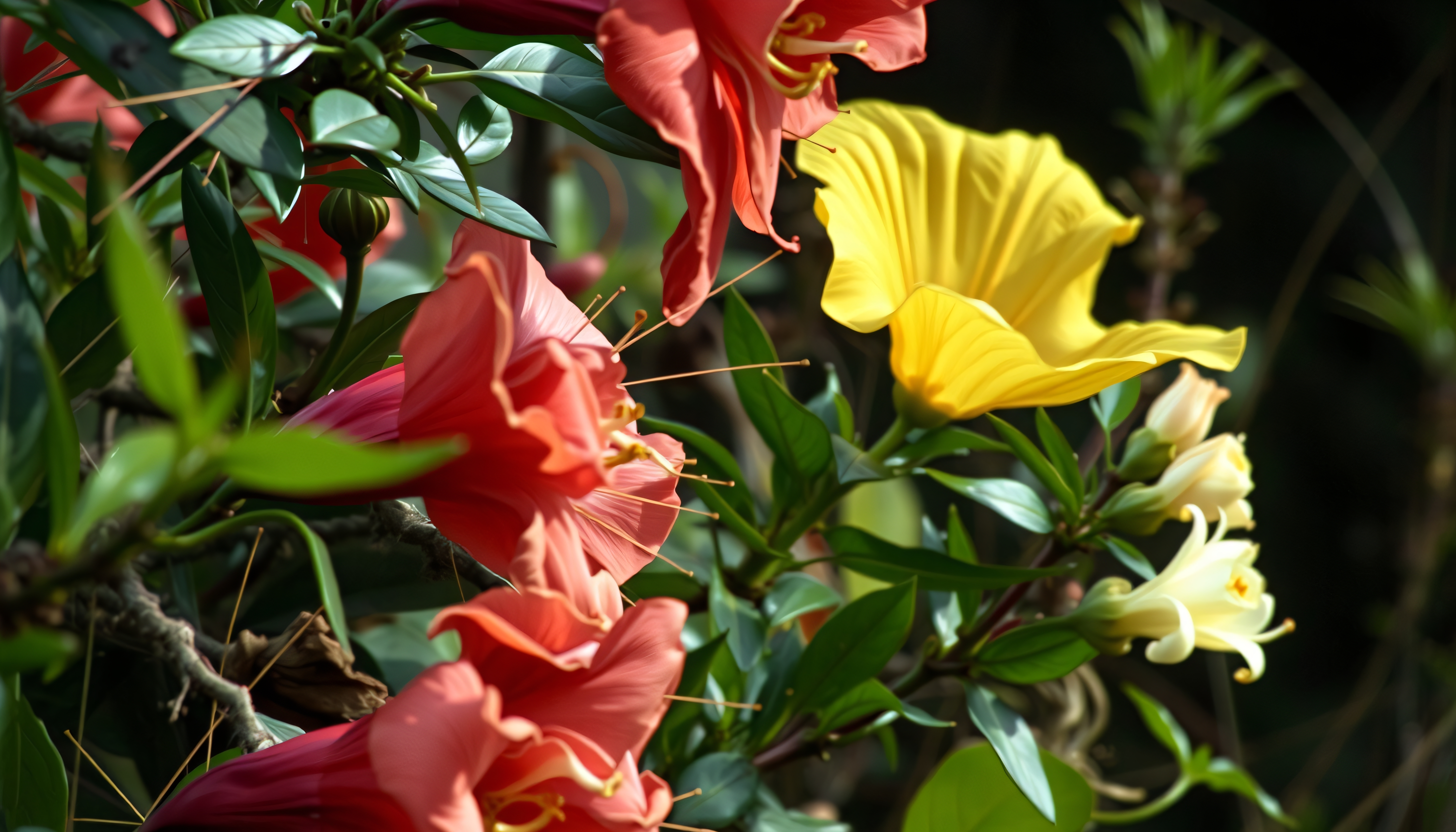 Vibrant red and yellow trumpet-shaped flowers surrounded by lush green foliage.