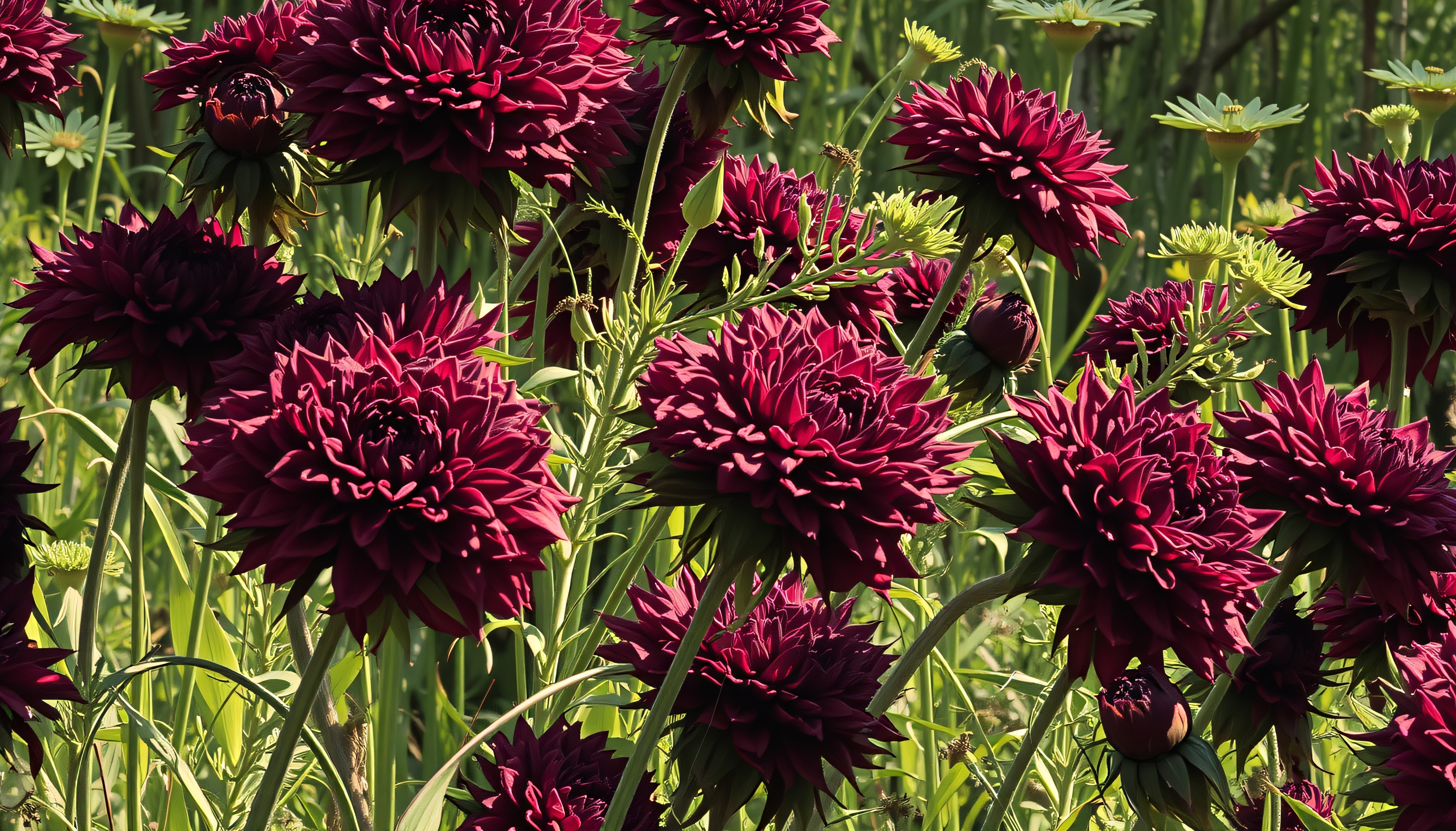 Bright magenta dahlias blooming in a lush, sunlit garden setting.