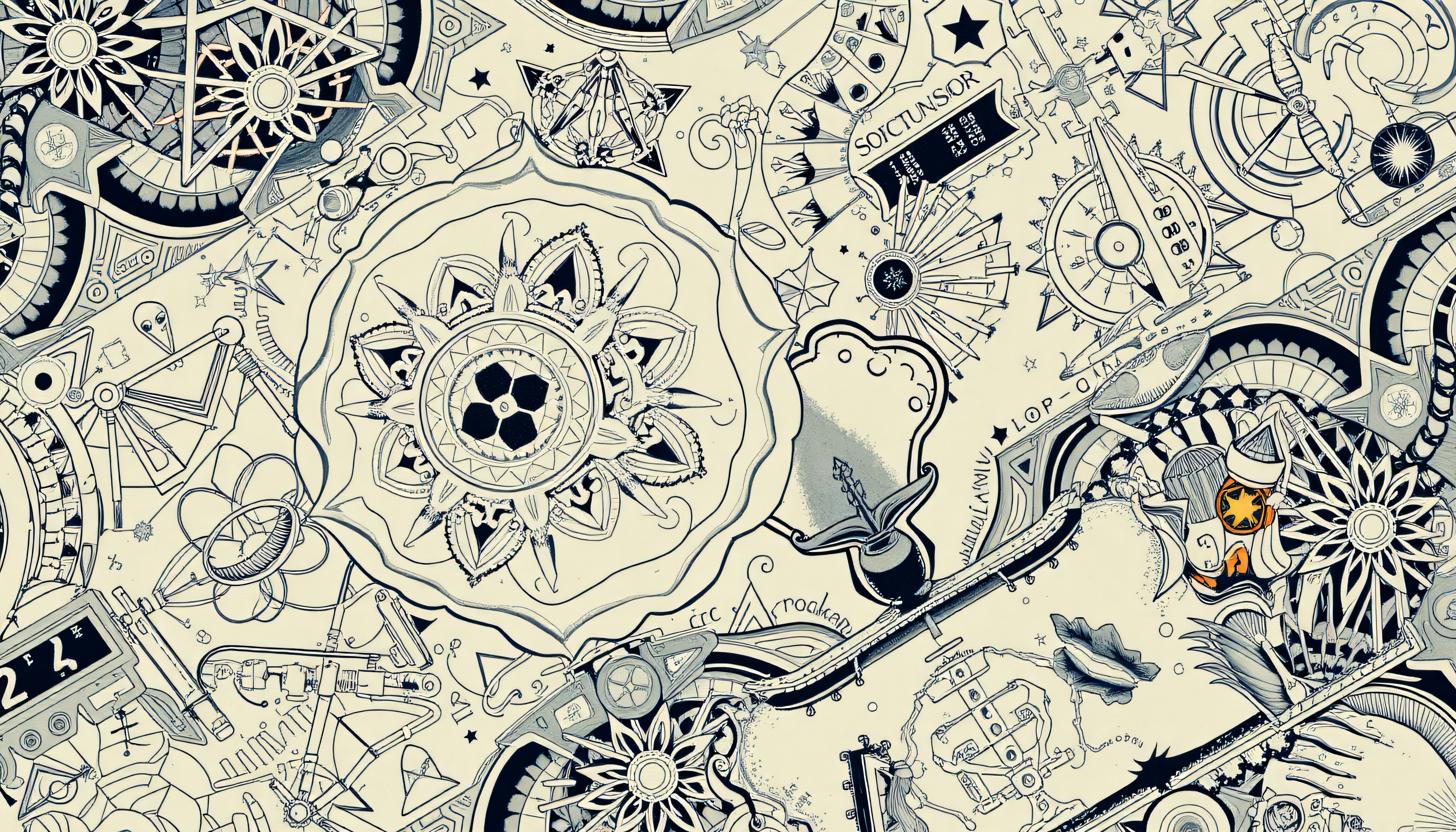 Intricate black-and-white mechanical mandala art featuring gears, stars, clocks, and symbolic patterns perfect for wallpapers and creative projects