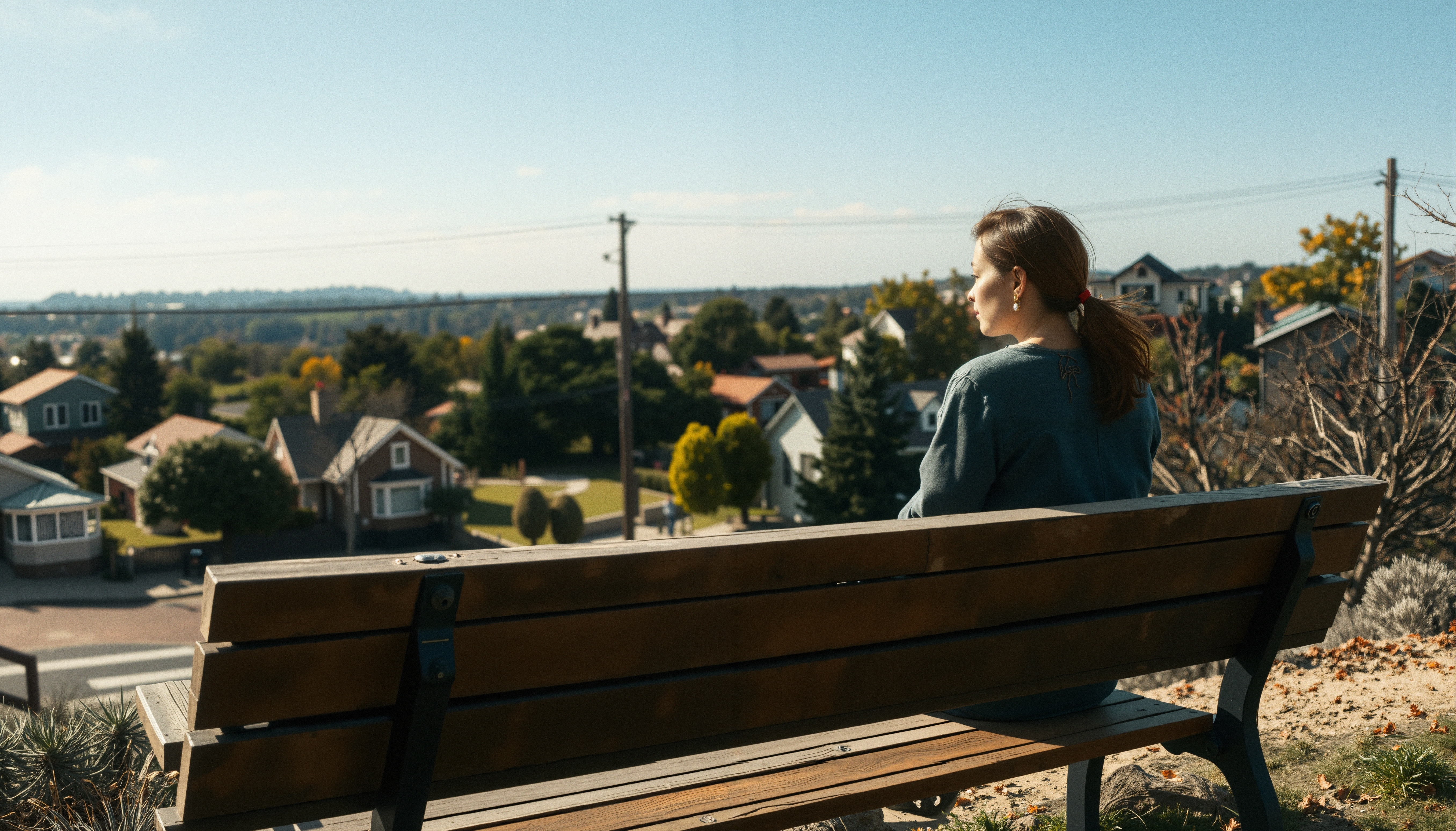 A woman sits on a bench overlooking a scenic suburban neighborhood with houses and trees.
