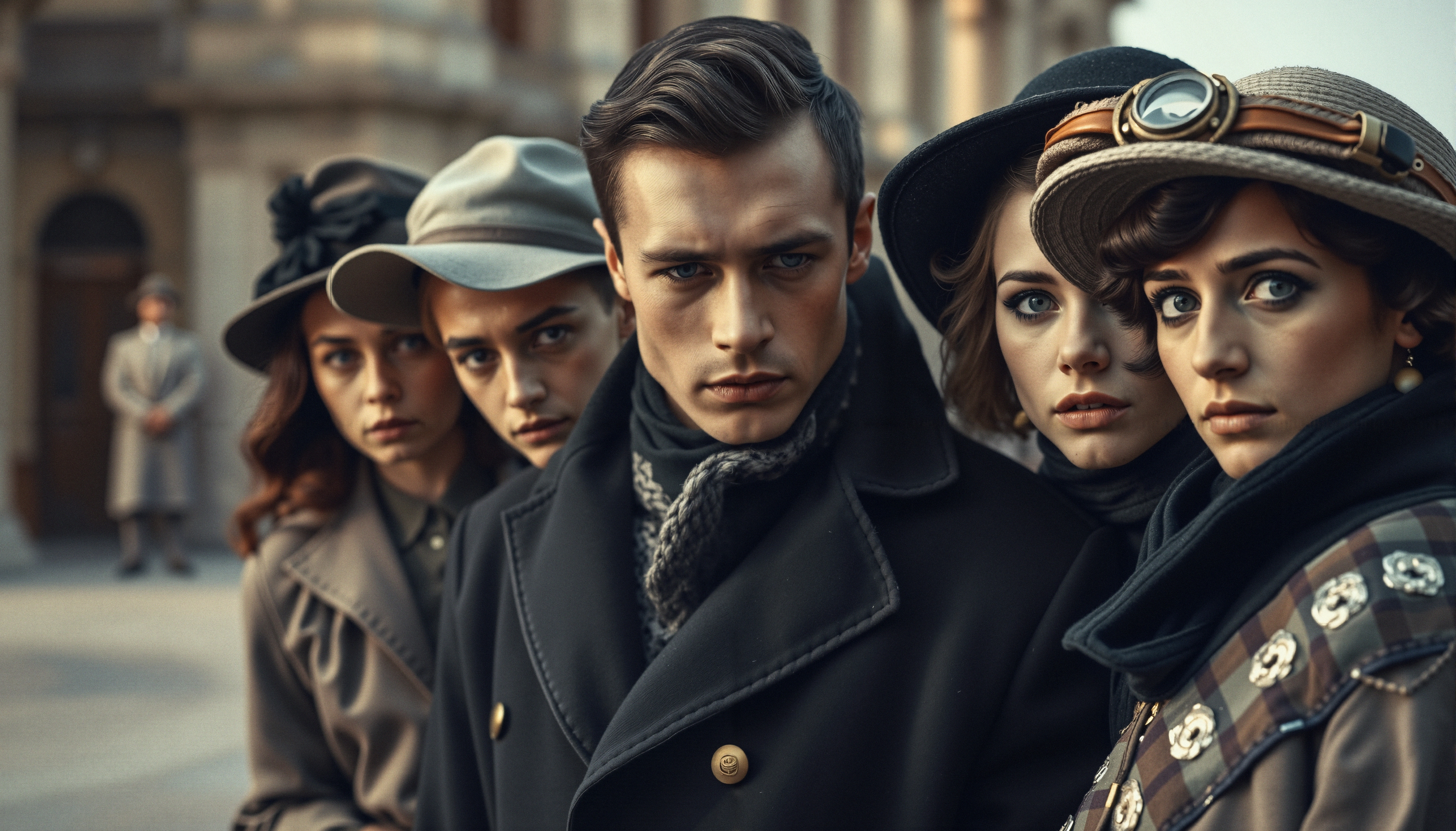Five stylish individuals in vintage attire standing closely with serious expressions.