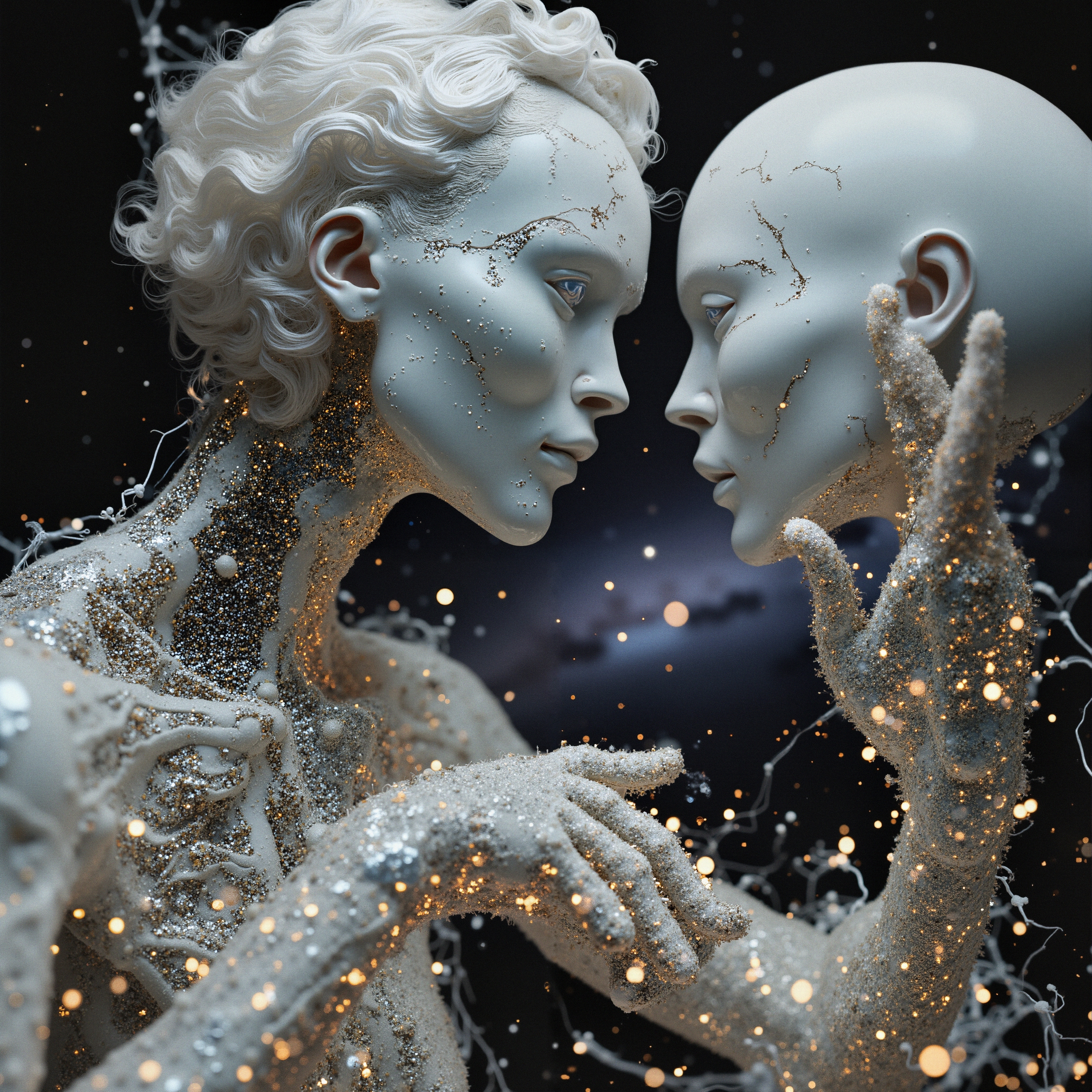 Ethereal figures with cosmic speckled texture against dark background.