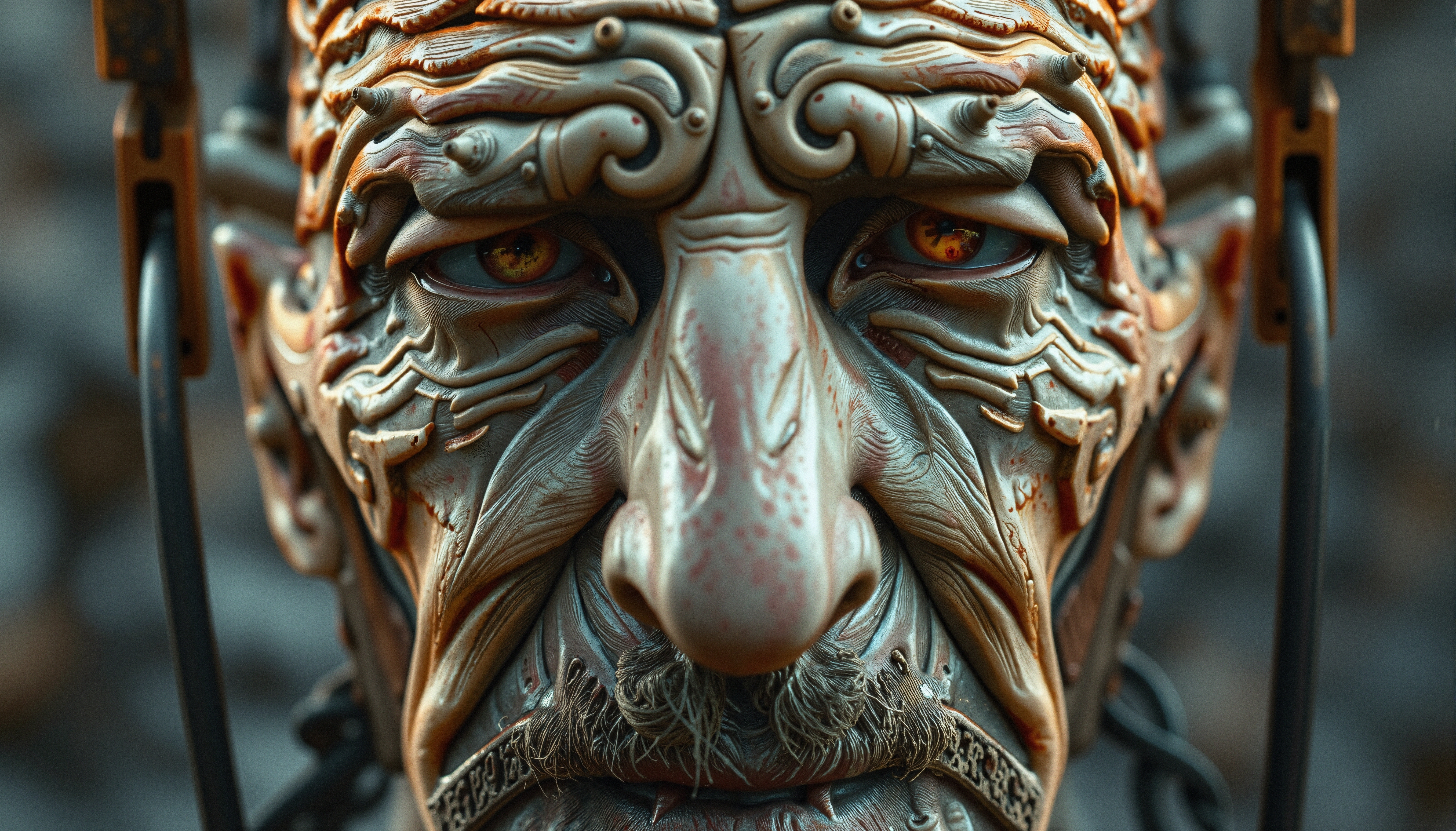 A close-up, biomechanical-themed face blending art, detail, and fantasy elements with striking eyes.