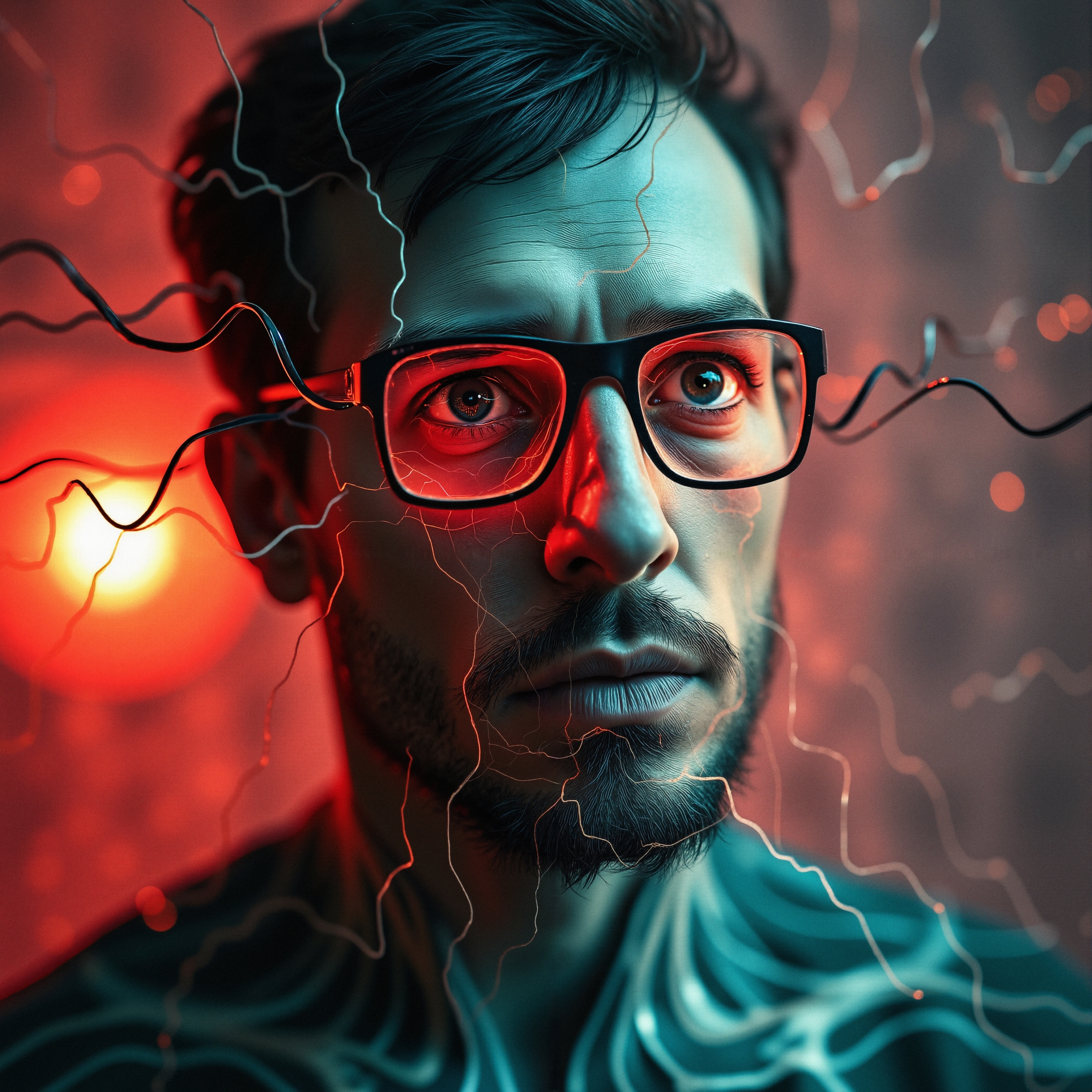 Portrait of a man surrounded by glowing neural connections, illuminated by a red light.