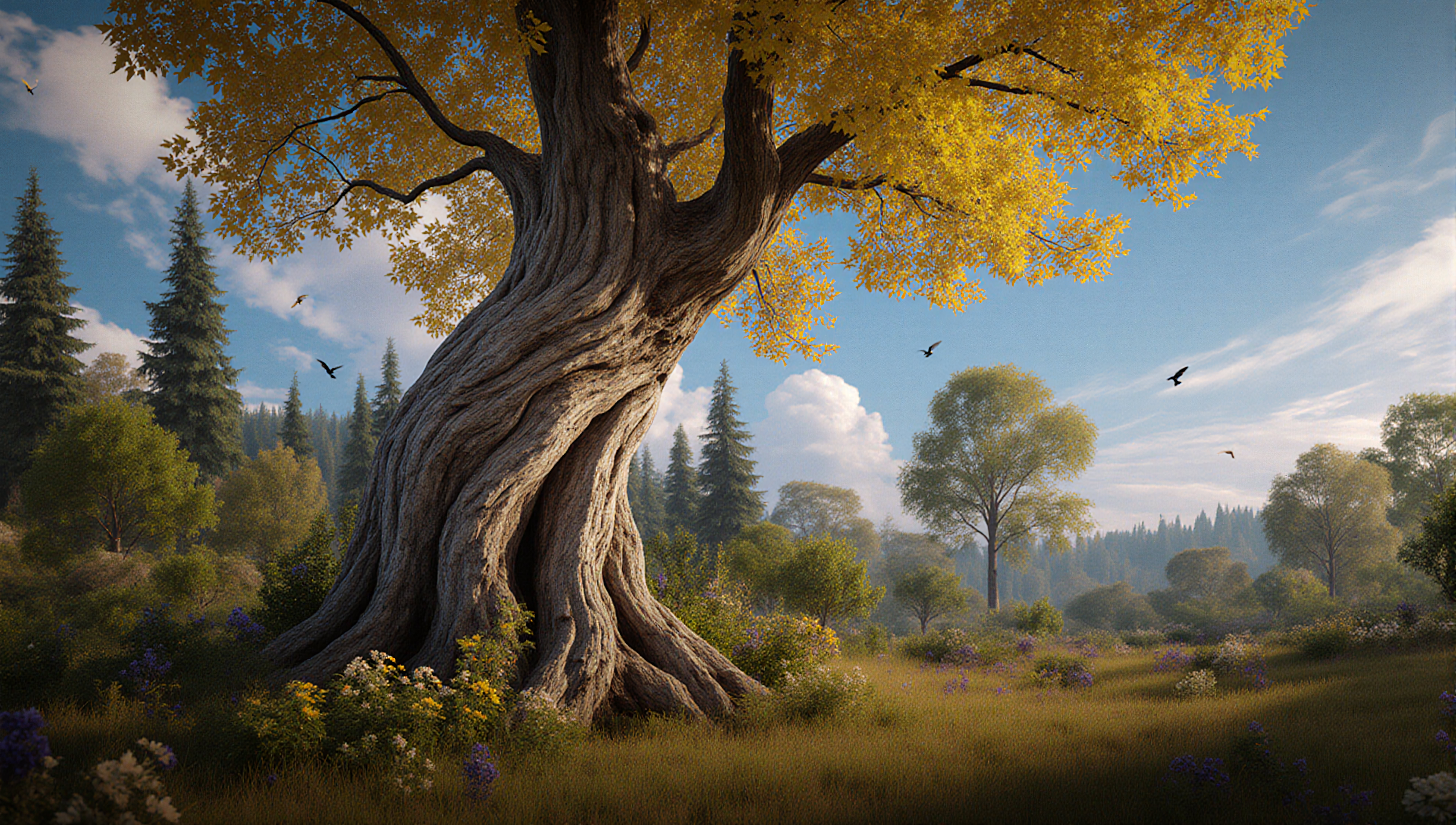 Majestic twisted tree in scenic meadow with golden leaves.