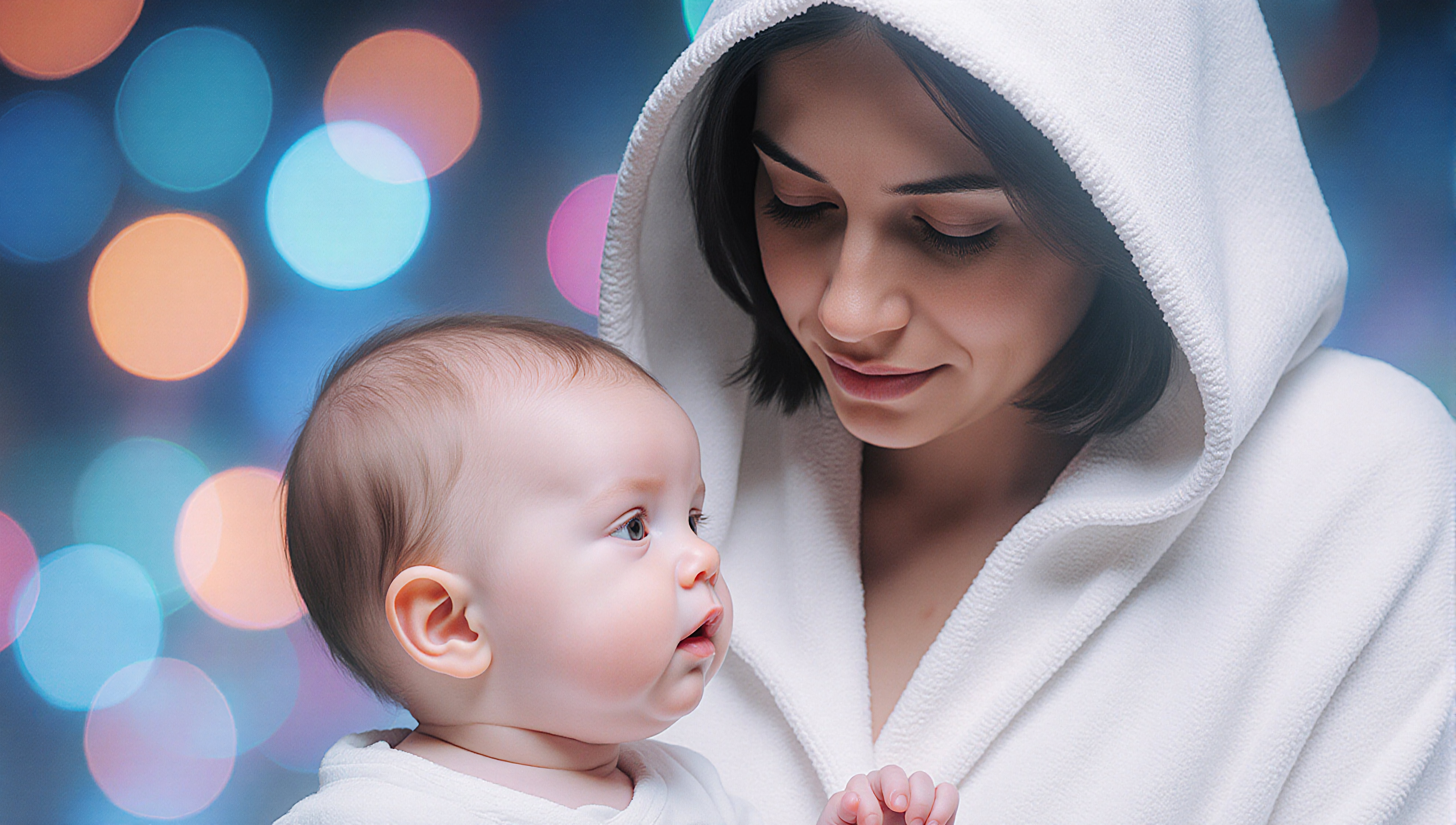 A mother and baby share a tender moment, surrounded by magical bokeh lights.