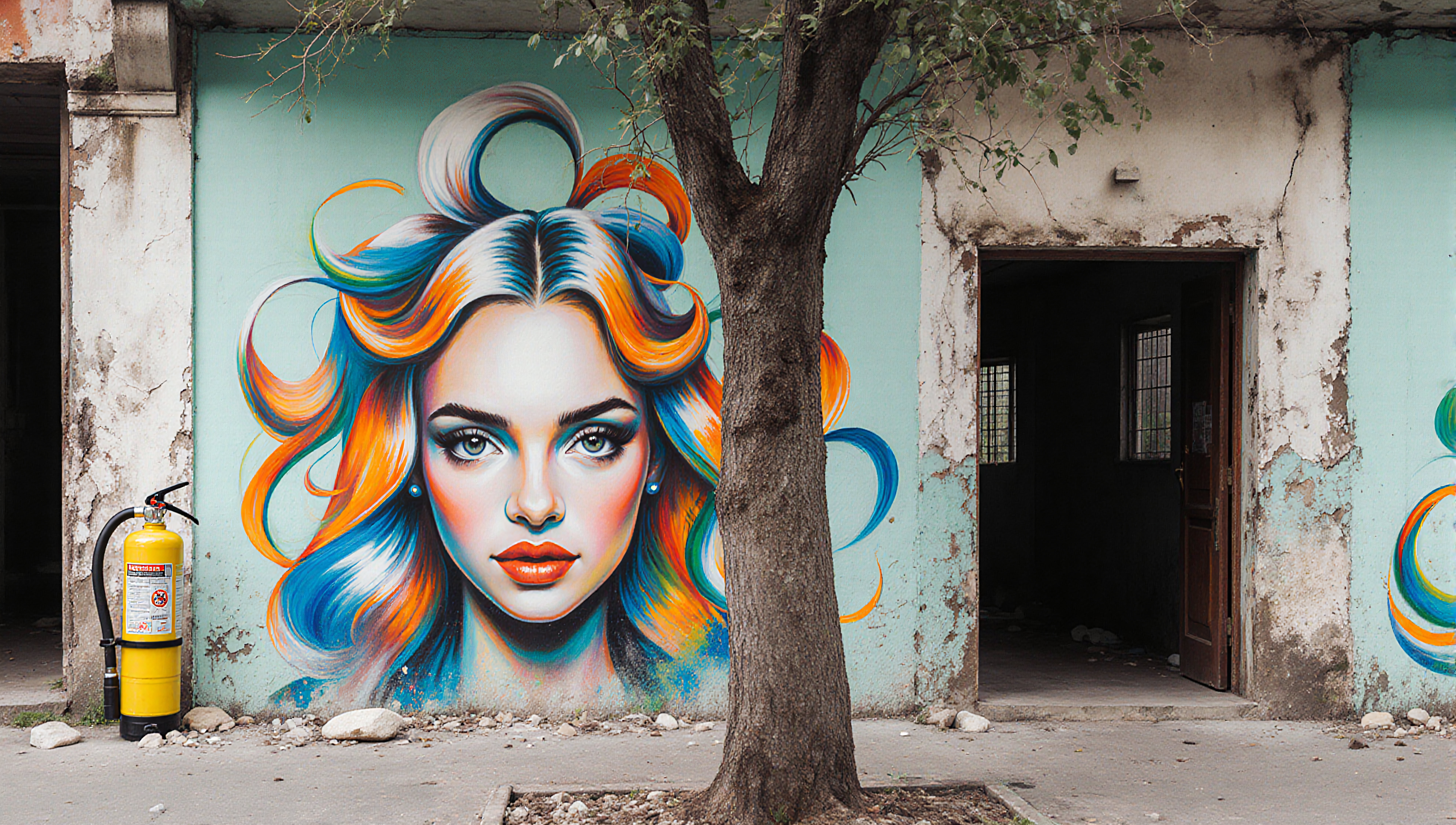 A vibrant mural of a woman's face with colorful hair painted on an urban wall.