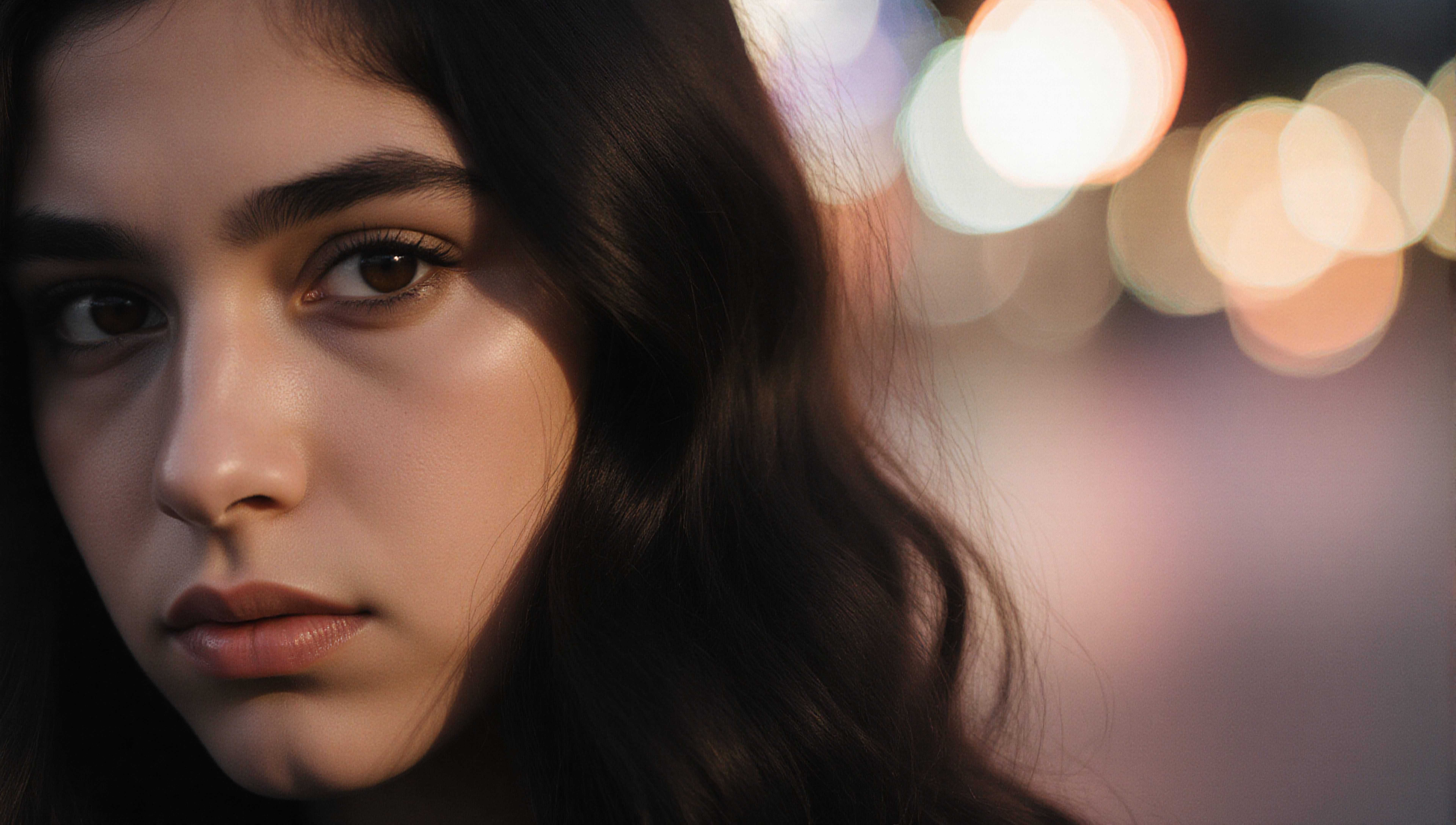 Young woman portrait with bokeh lights, nighttime outdoor scene, artistic photography, emotive gaze, cinematic effect