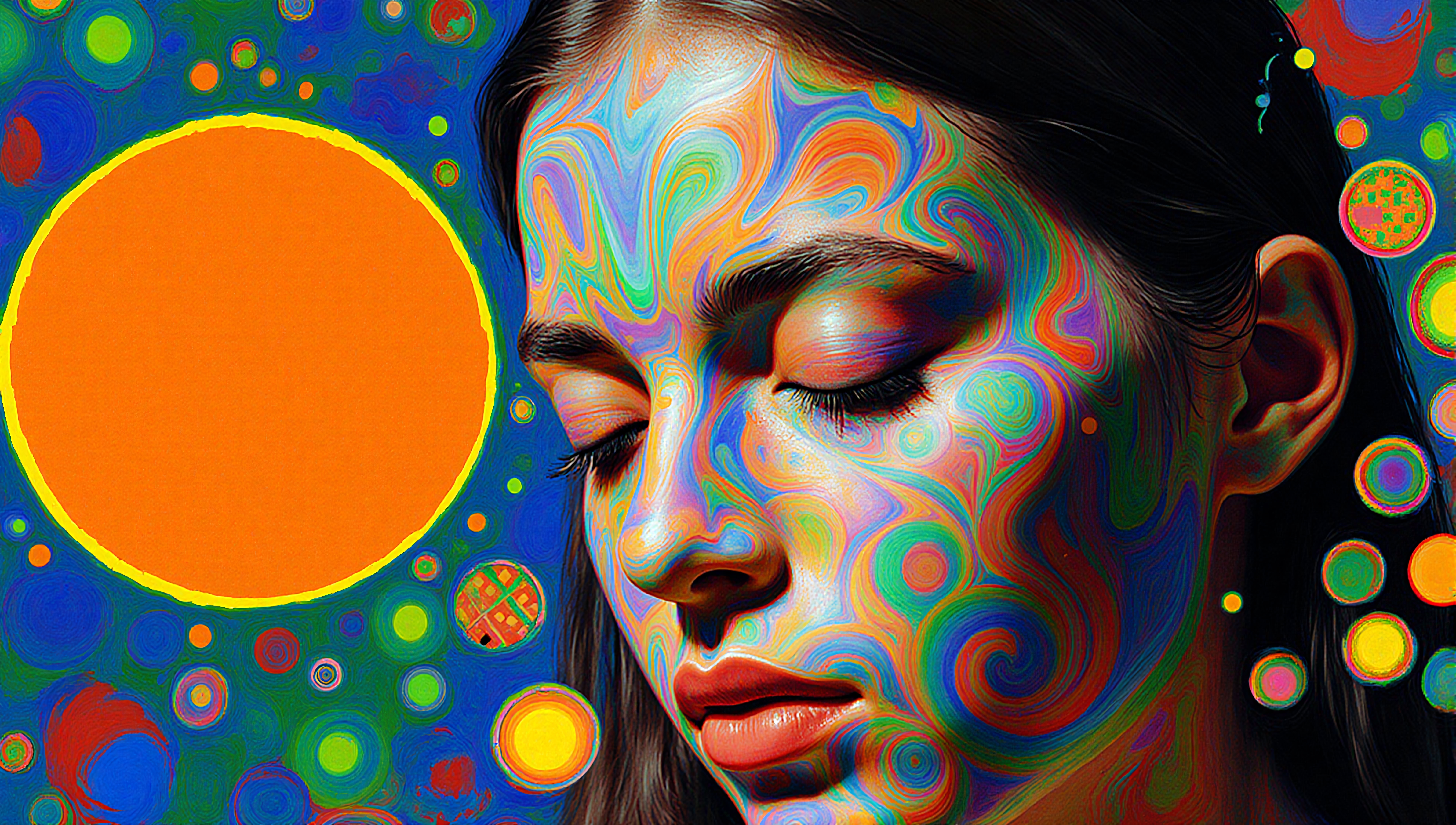 Psychedelic portrait with circular patterns and bright colors.
