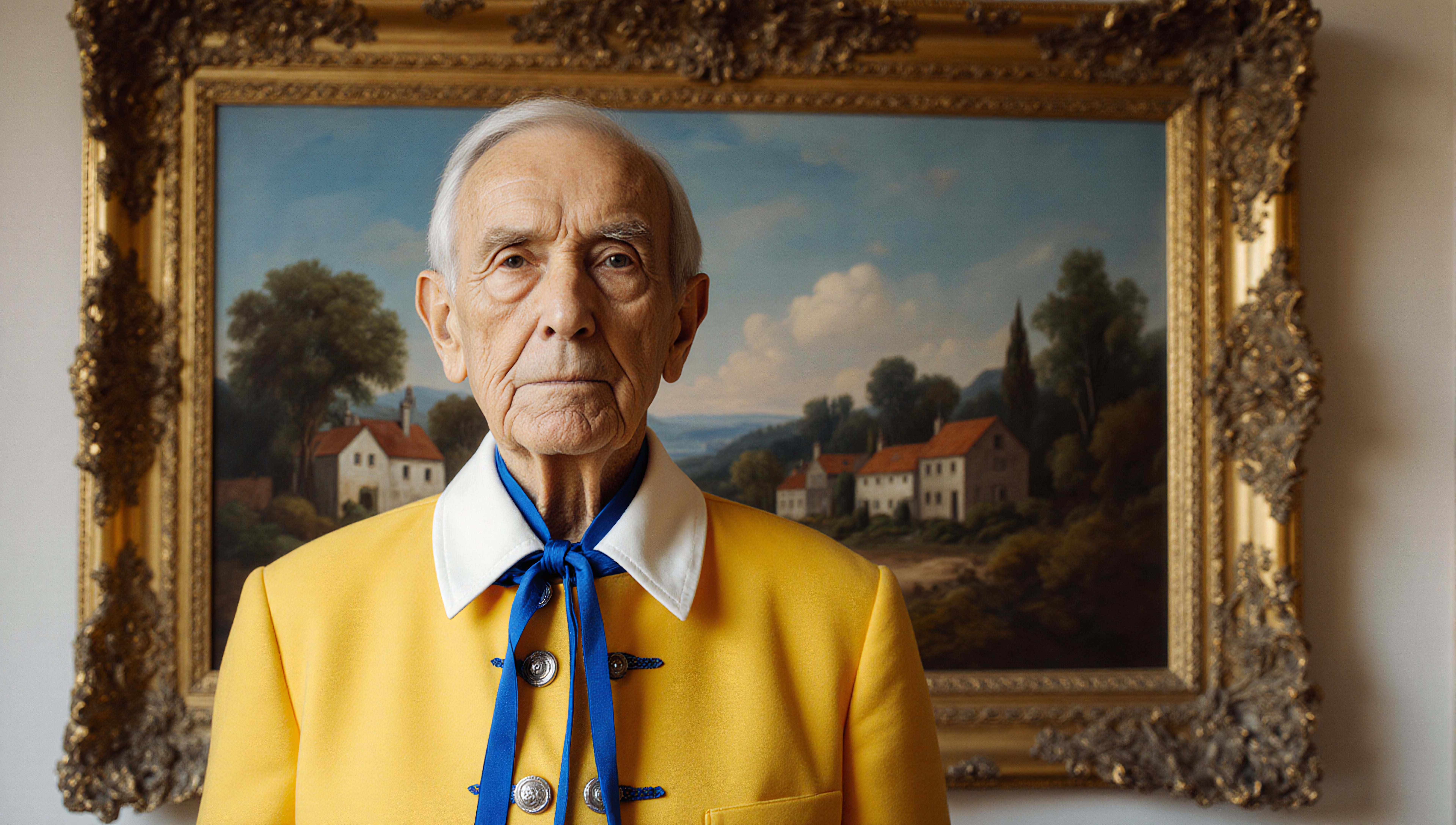 An elderly man stands before a large, ornately framed landscape painting, wearing a bright yellow jacket and a blue tie, creating a striking visual contrast.