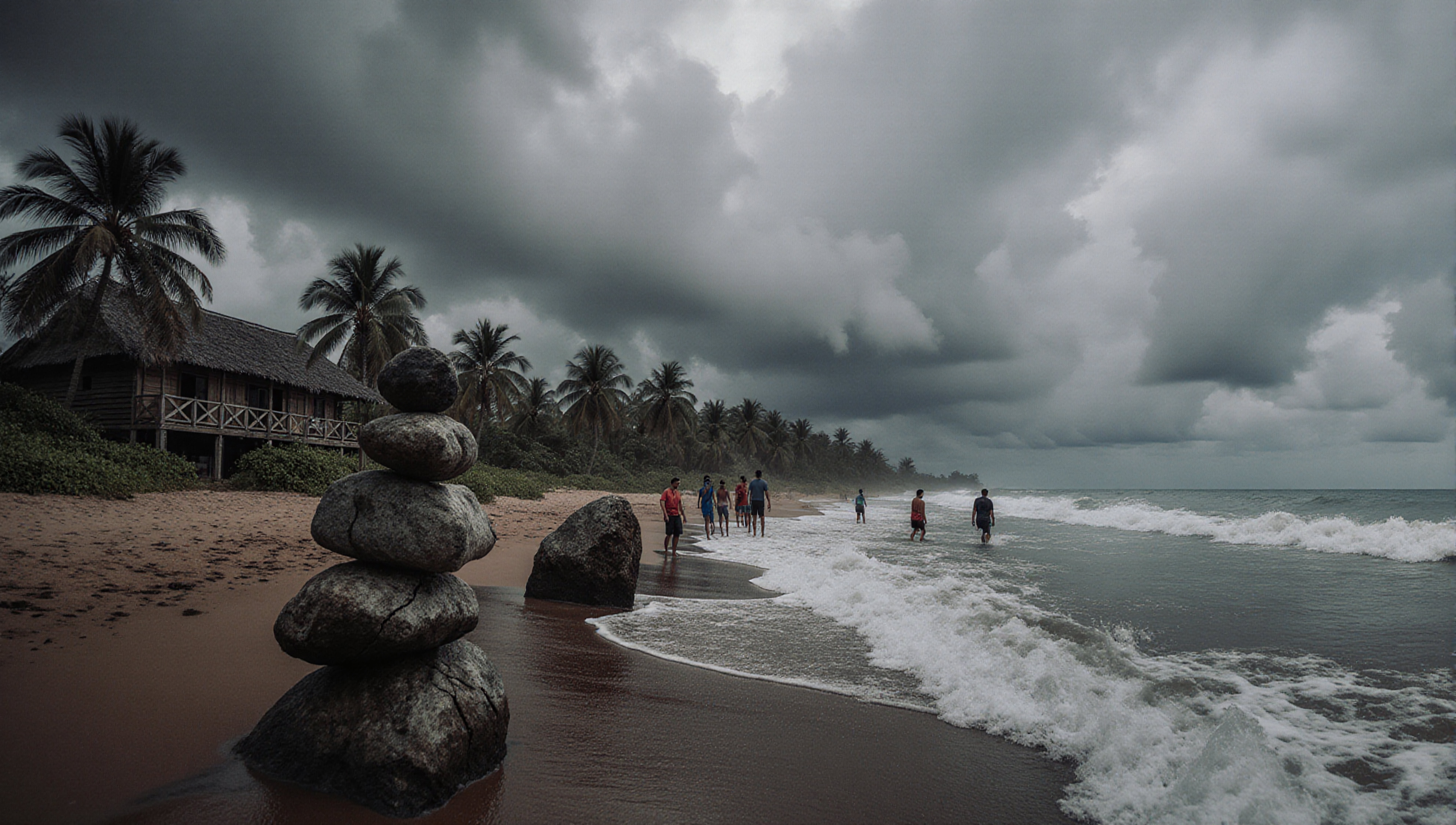 Beach with cloudy skies, palm trees, stacked stones, and people walking on shore.