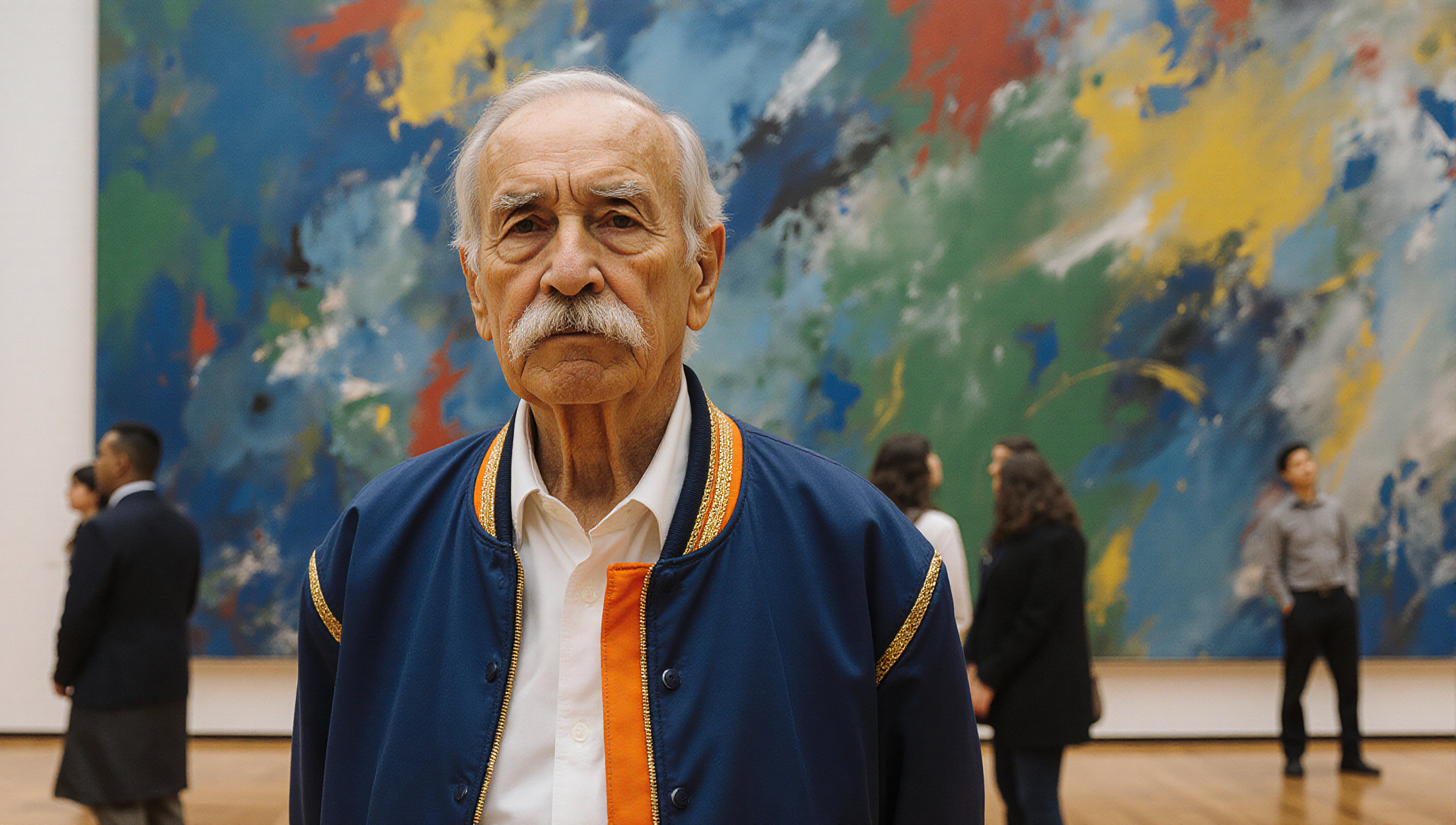An elderly man in a blue jacket stands in a vibrant art gallery, with an abstract painting in the background.