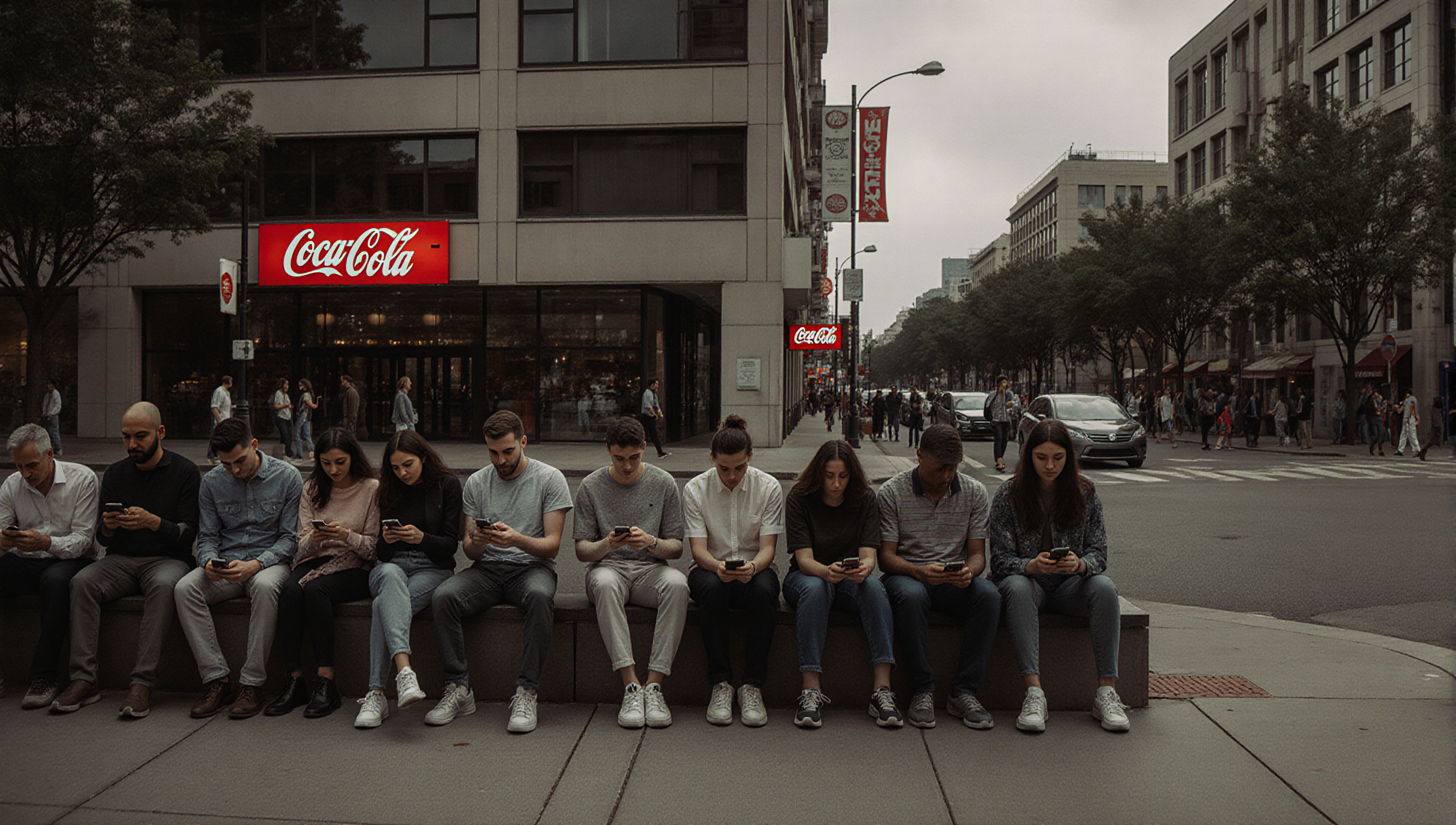 Group of friends sitting on a ledge, looking at smartphones on a