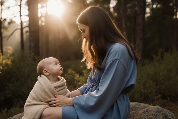 A woman sits on a rock in a sunlit forest, holding an infant wrapped in a blanket, creating a serene, intimate scene.