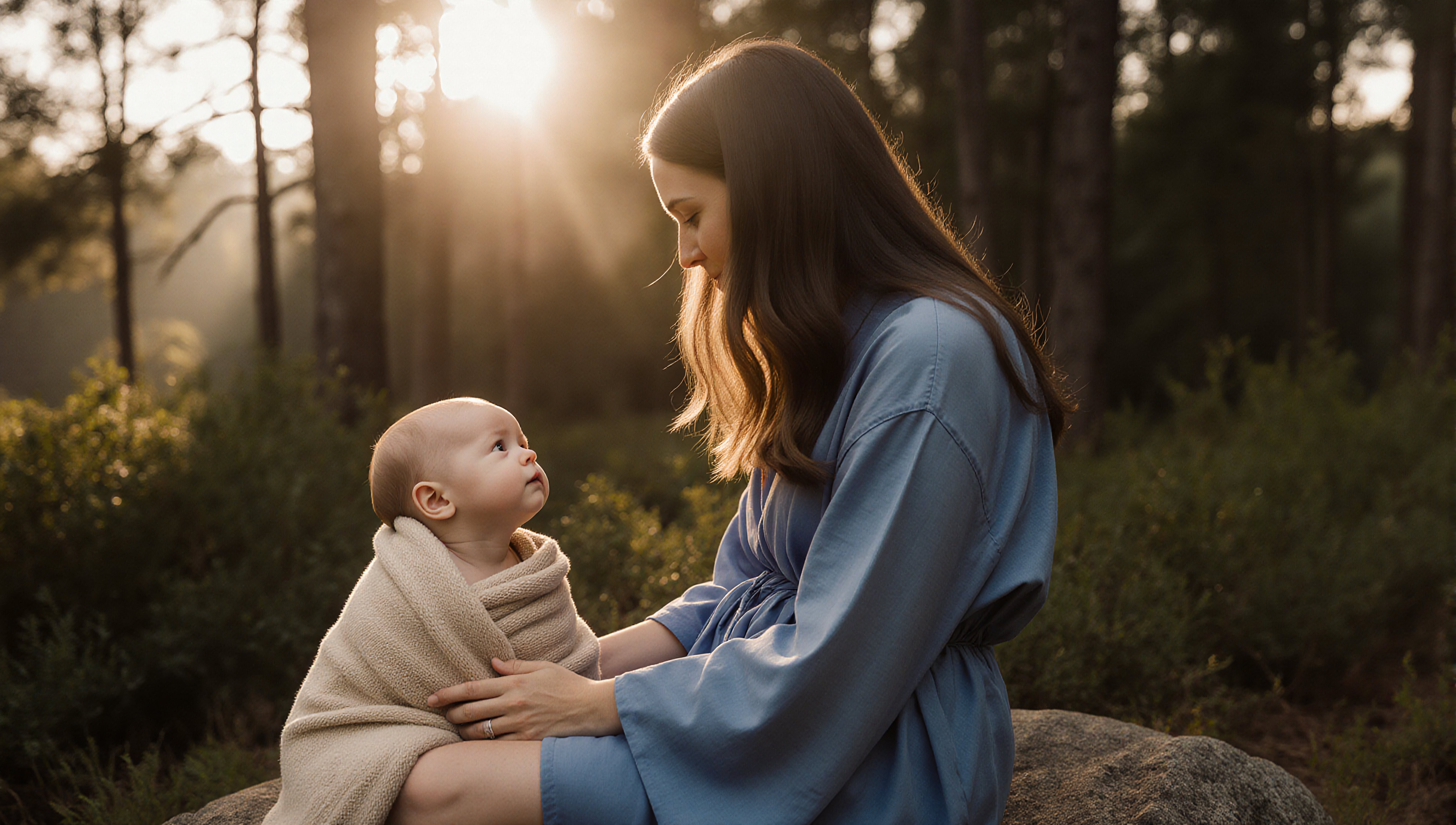 A woman sits on a rock in a sunlit forest, holding an infant wrapped in a blanket, creating a serene, intimate scene.