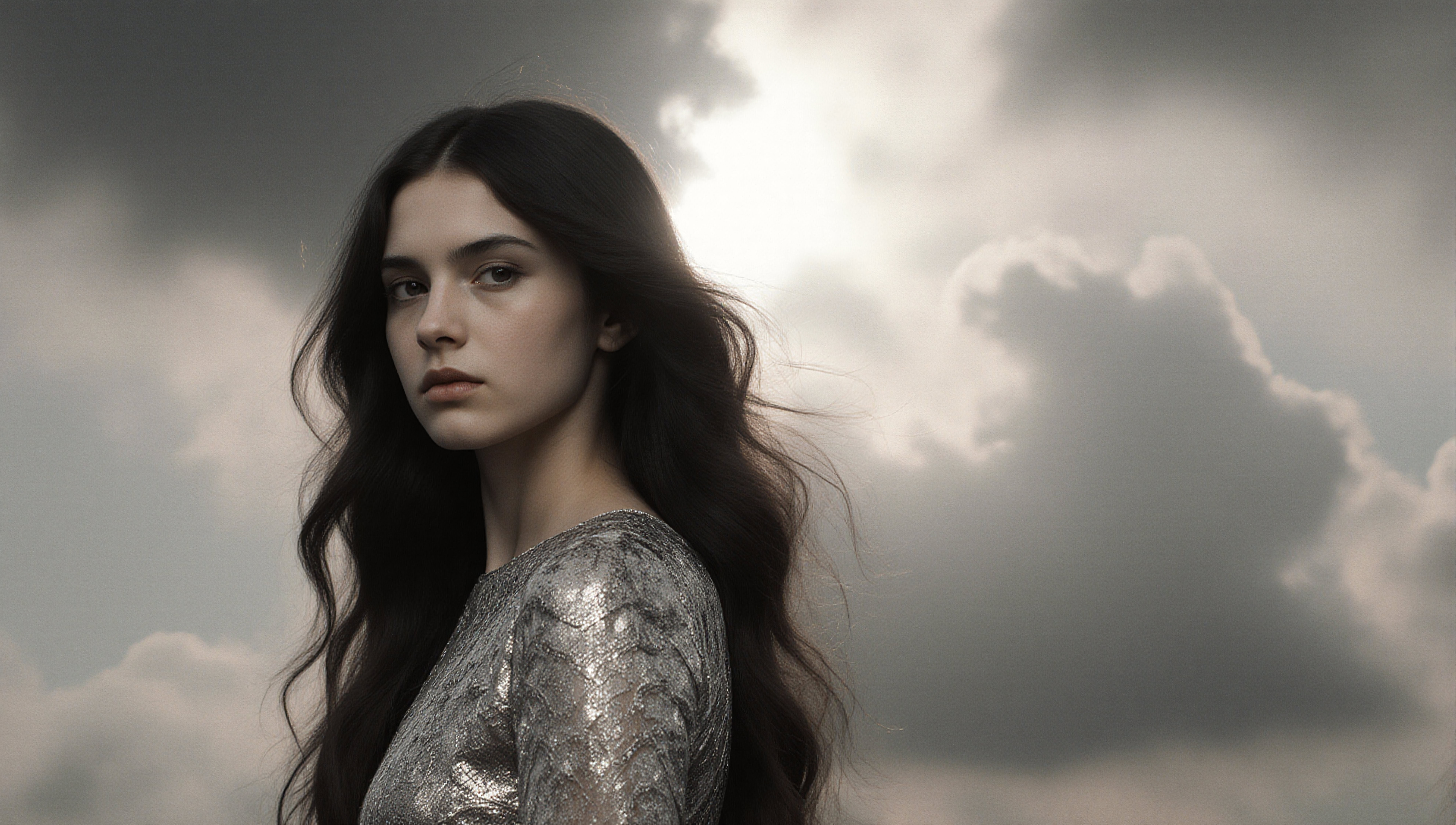 A woman in a silver dress with long hair stands against a cloudy sky background.