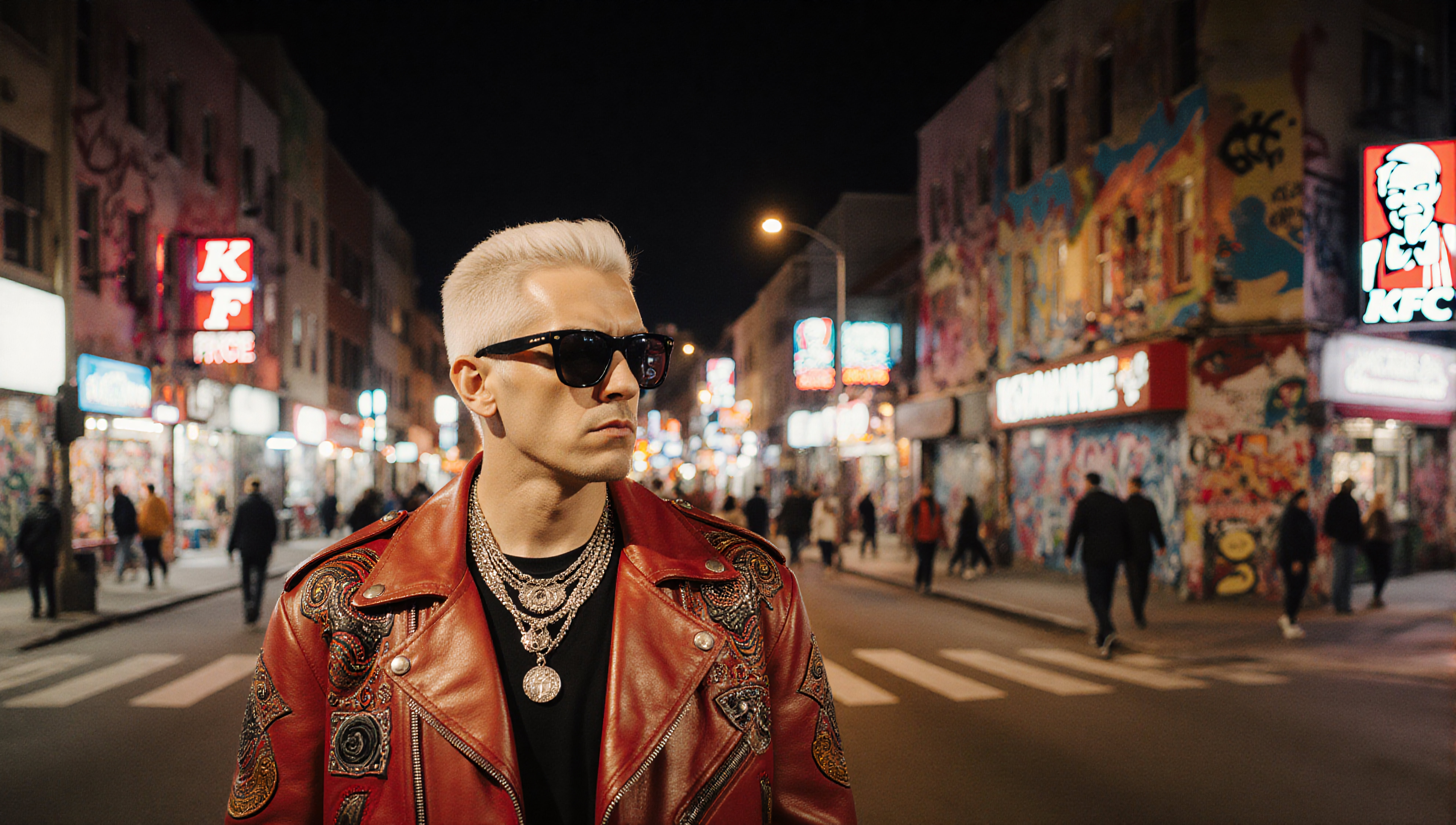 Stylish man in red leather jacket standing confidently amidst vibrant urban nightlife with neon lights and graffiti.