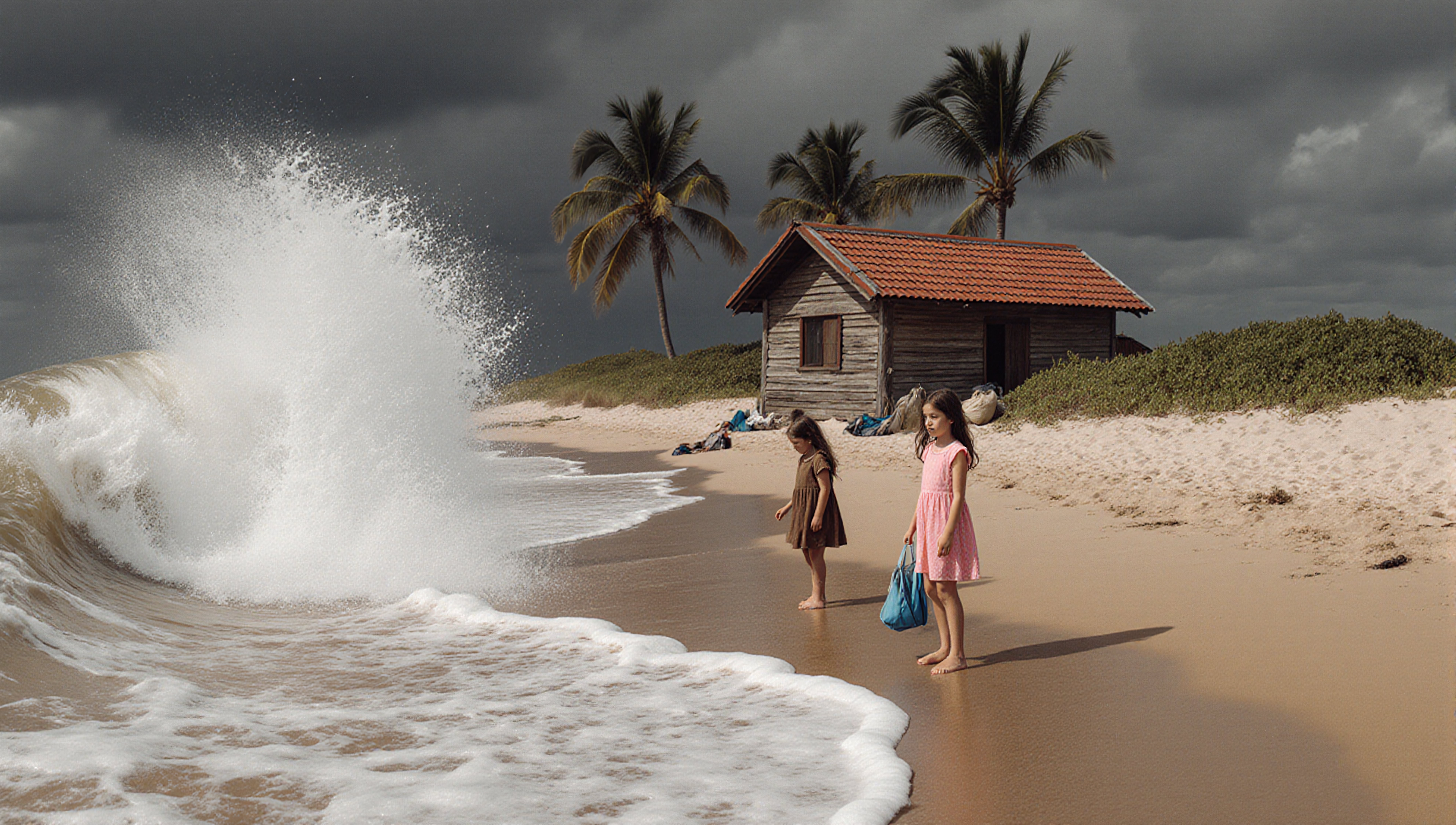 Two young girls stand on a beach, watching waves crash near a rustic cabin under stormy skies.