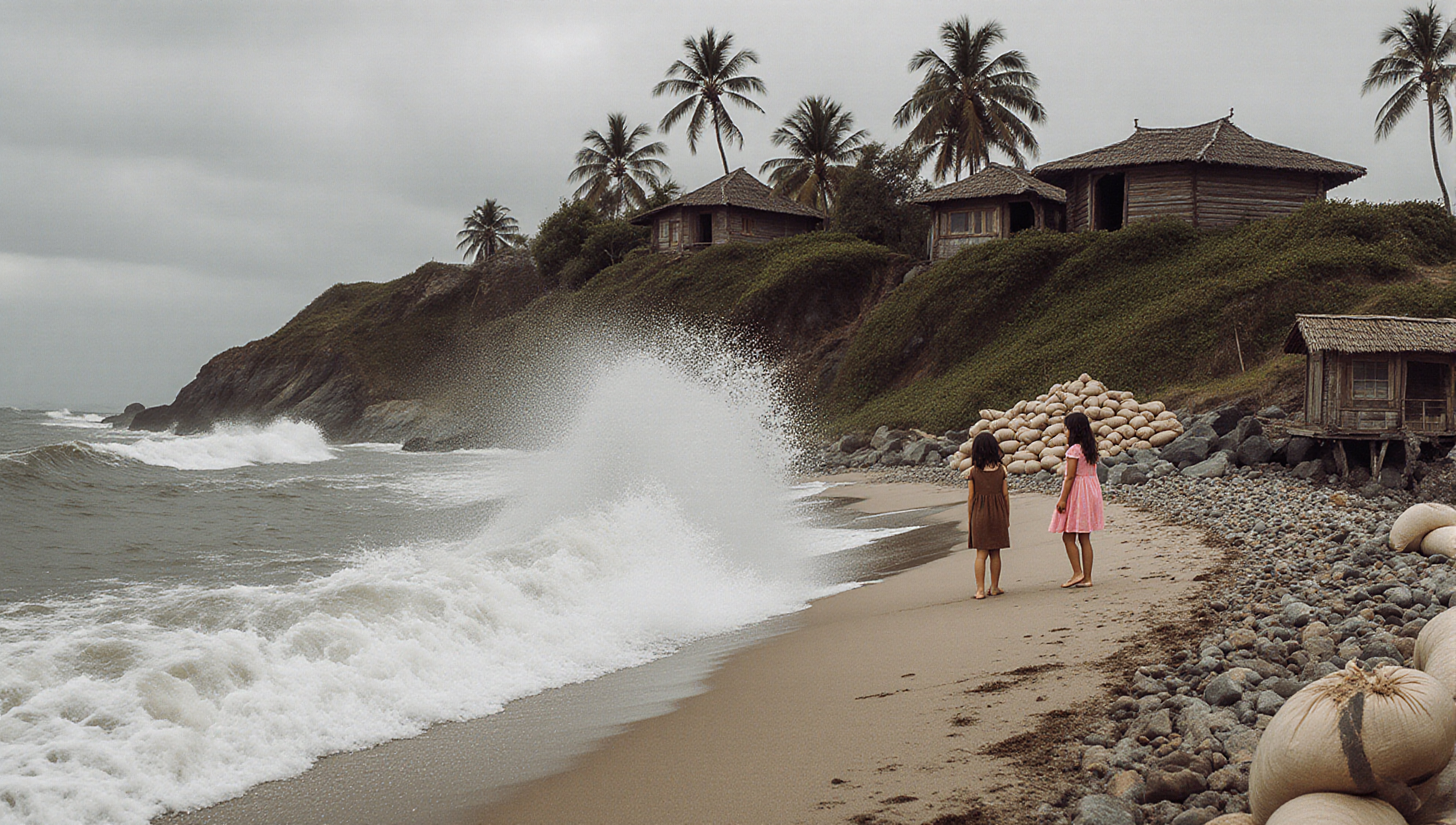 Rustic coastal scene with waves crashing along the beach, wooden huts, and palm trees.
