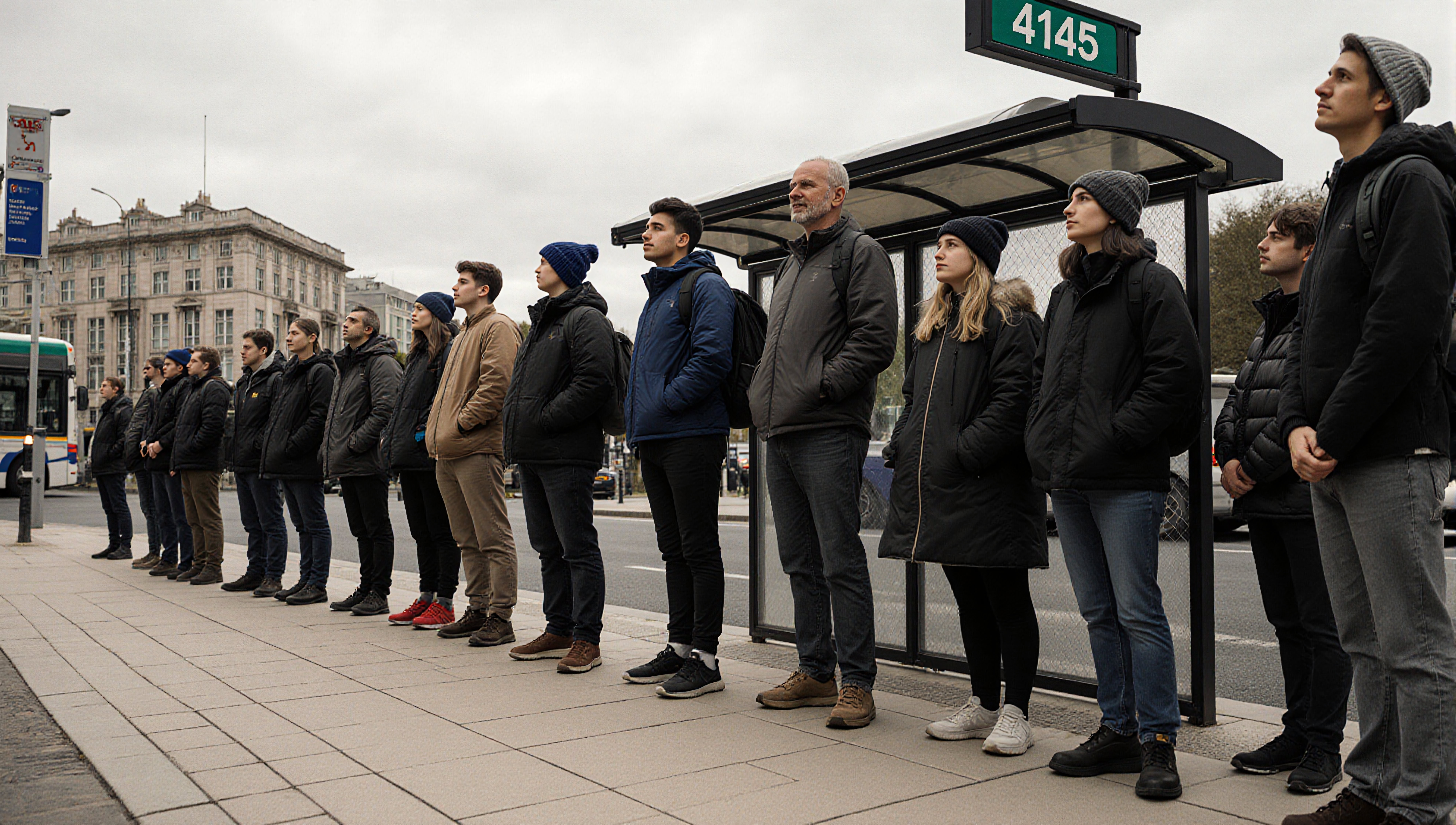 A group of people waits in line at an urban bus stop on a cloudy day, wearing warm clothing.