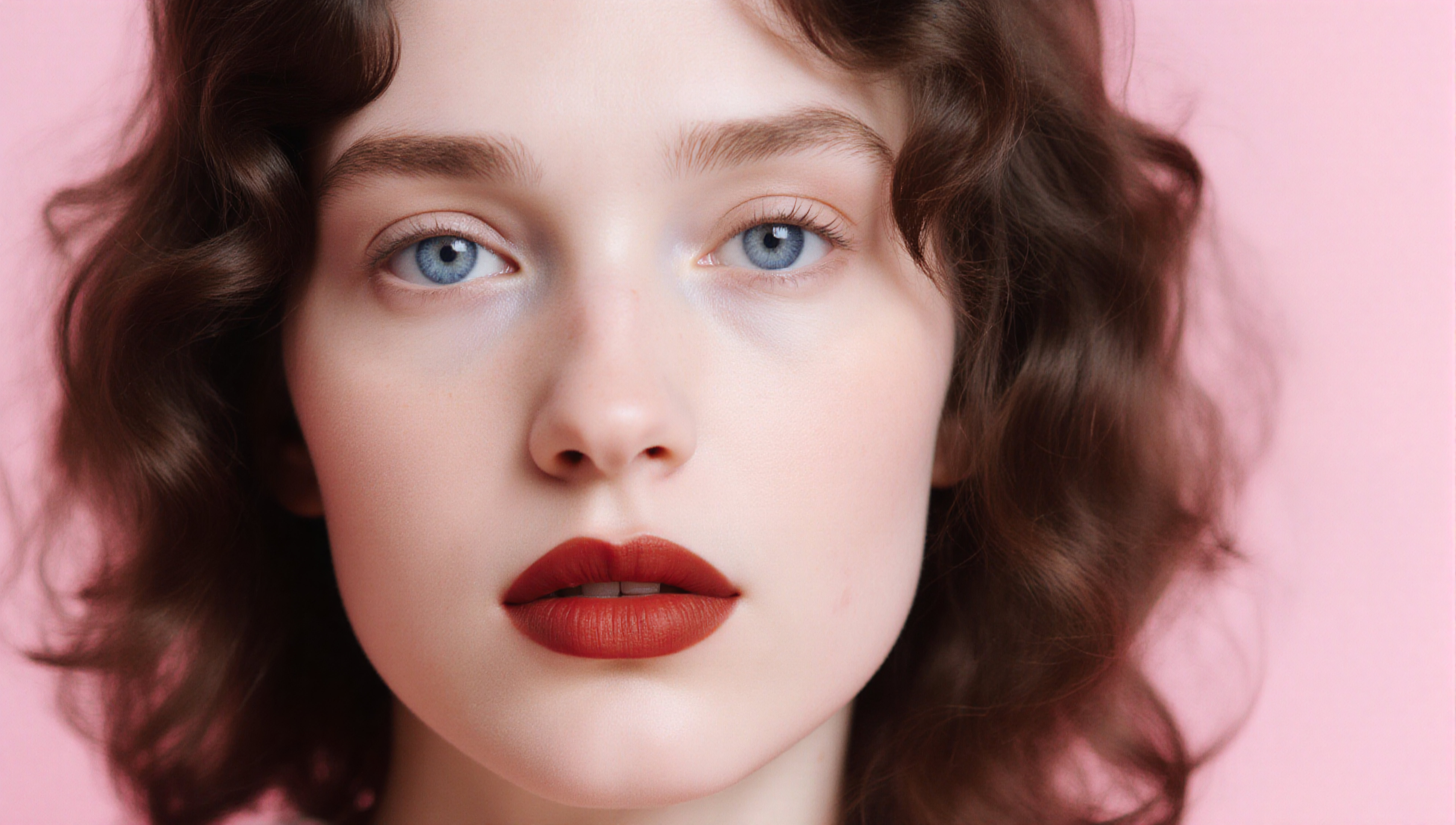 Portrait of a Woman with Curly Hair and Red Lipstick Against Pin