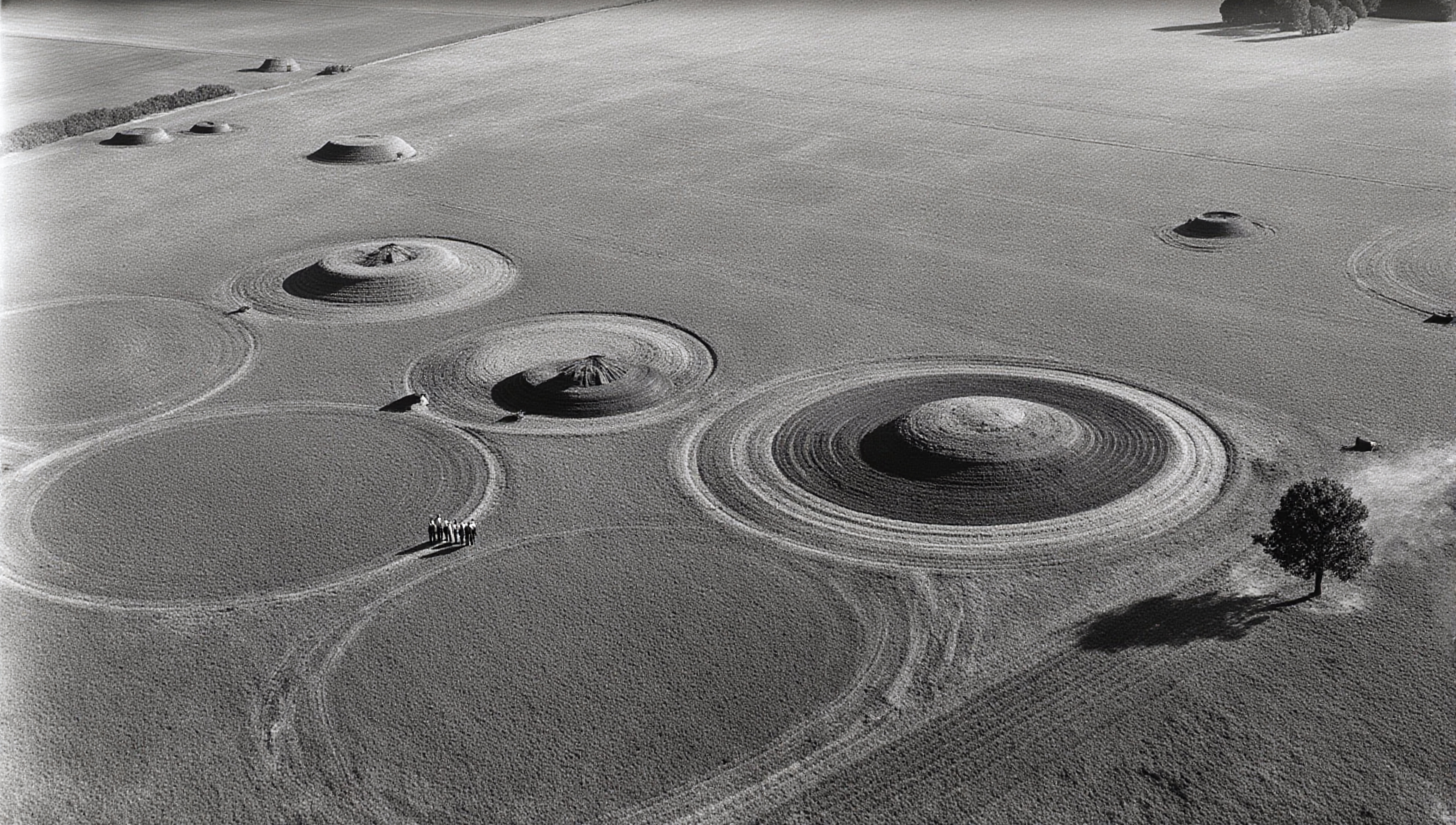 Aerial photo of intricate crop circles in a flat field with tiny figures nearby for scale