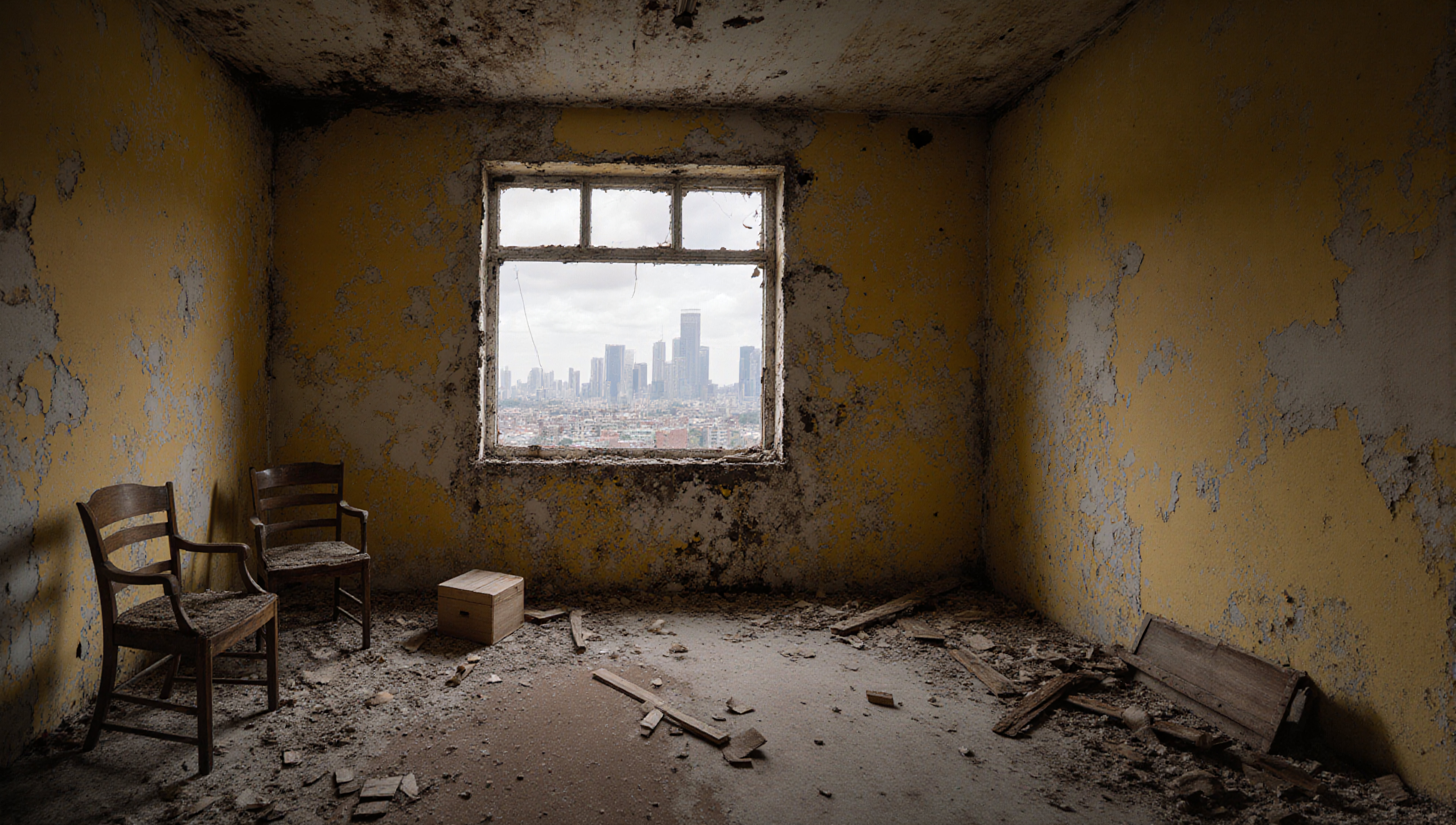 An abandoned room with peeling walls, two chairs, a box, and a window showcasing a distant city skyline.