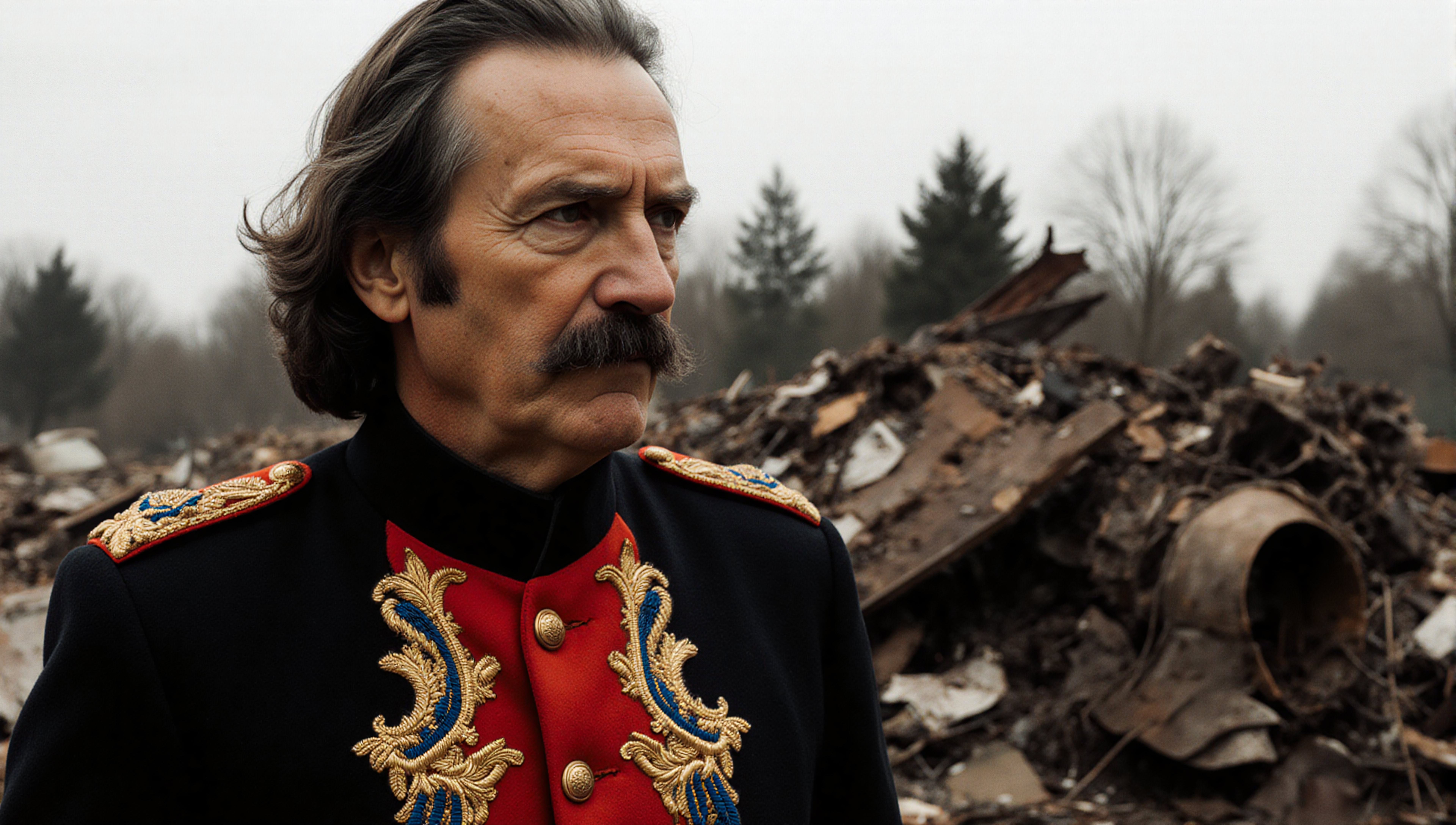 A man in a vibrant military-style coat stands in front of a rusty debris-filled landscape under an overcast sky.
