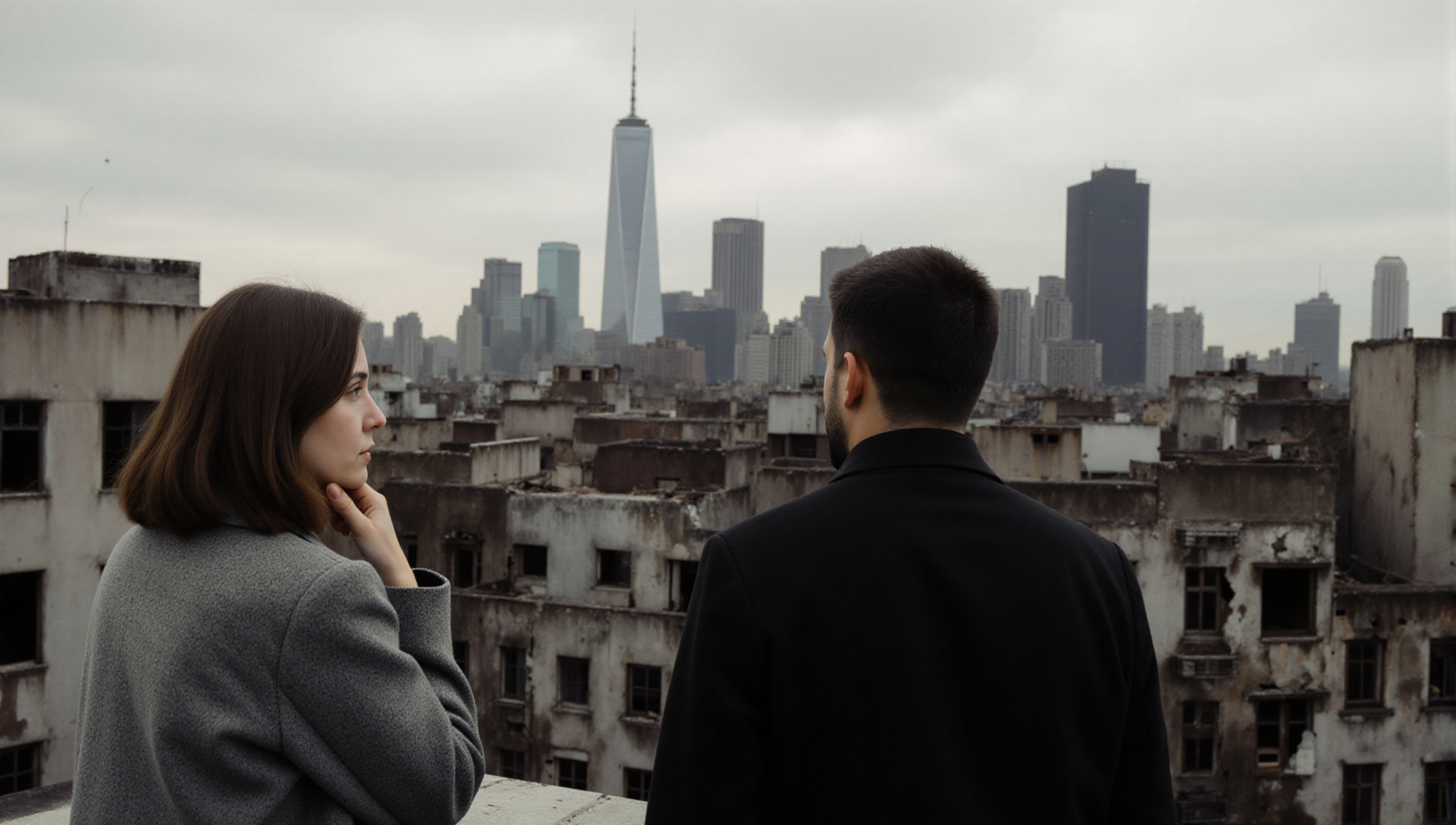 Couple contemplating city skyline from rooftop amidst contrasting old and new architecture