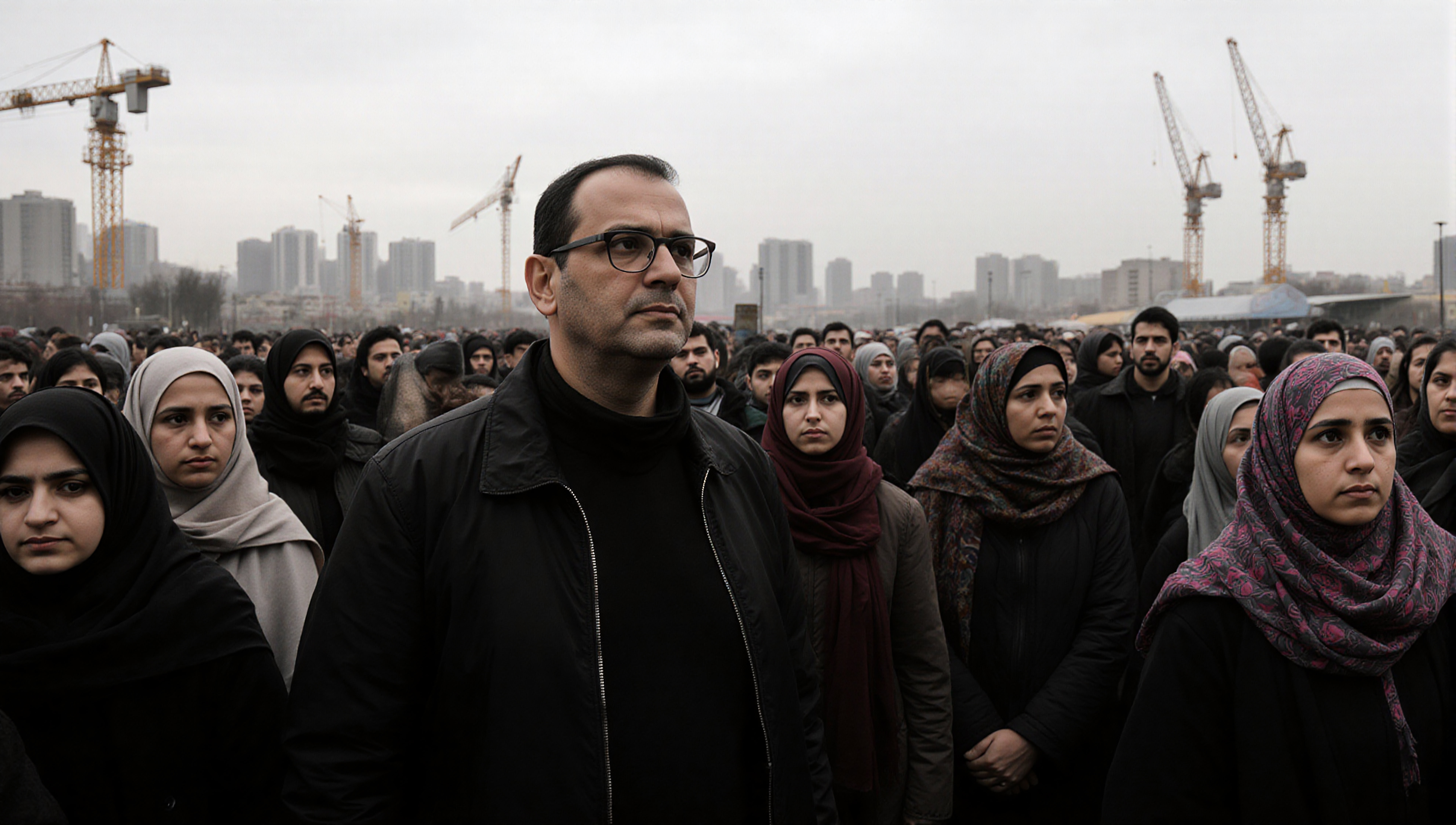 A large group outdoors, united under an overcast sky with cranes in the background.