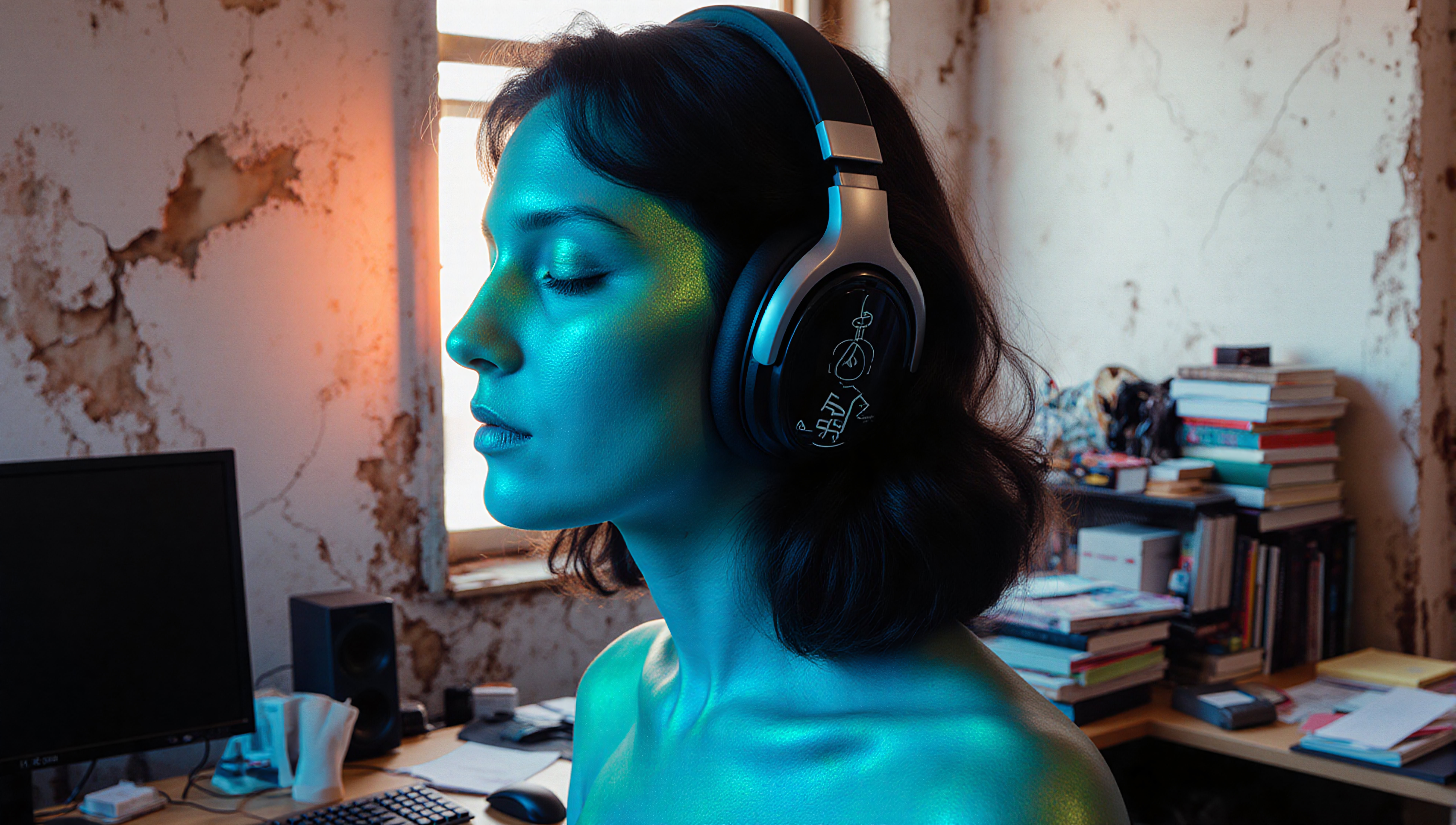 A woman with glowing blue skin wearing headphones, immersed in music, sits in a rustic room with books and a computer.