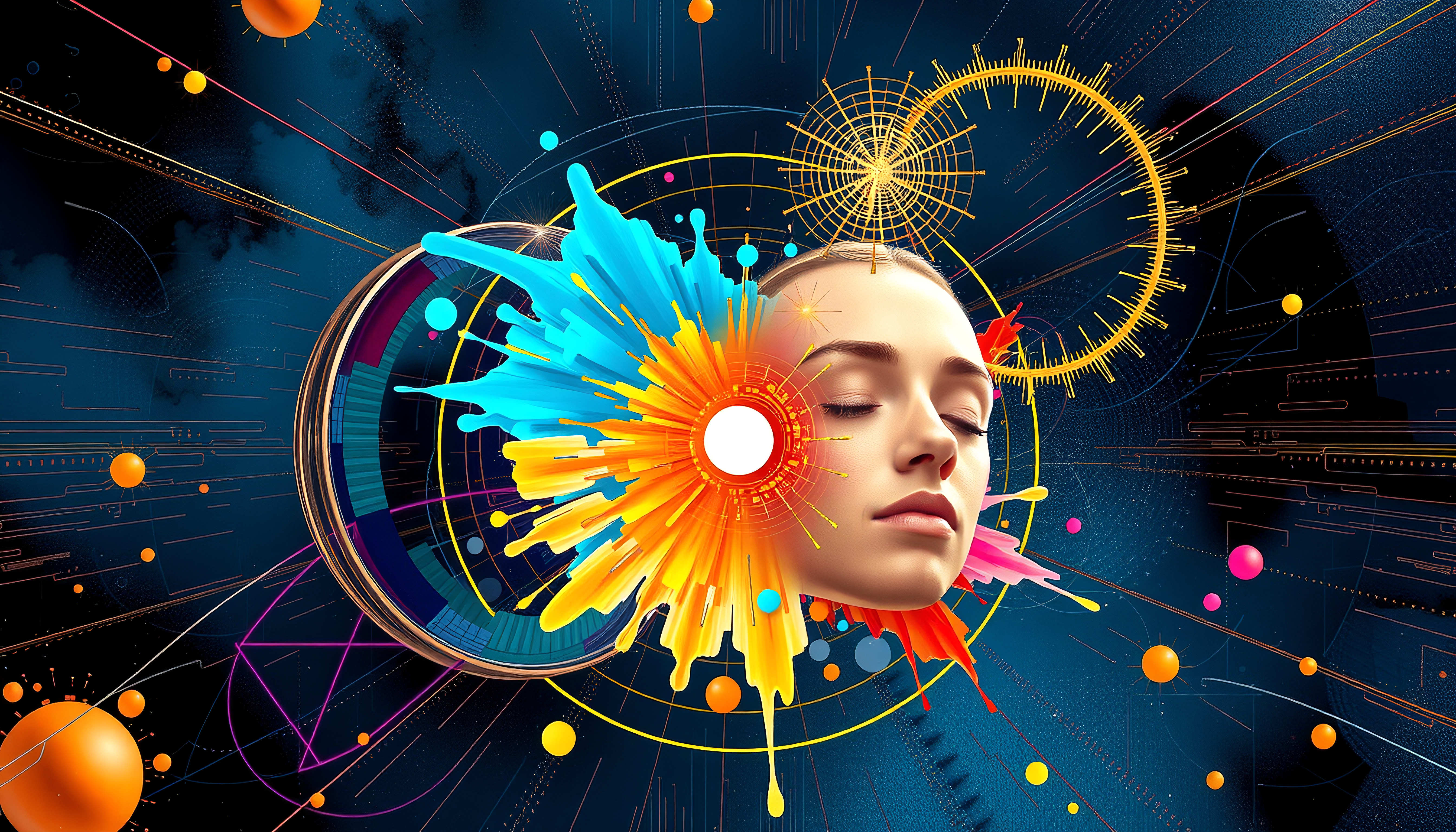 Futuristic digital portrait with cosmic elements vibrant abstract colors circuit lines