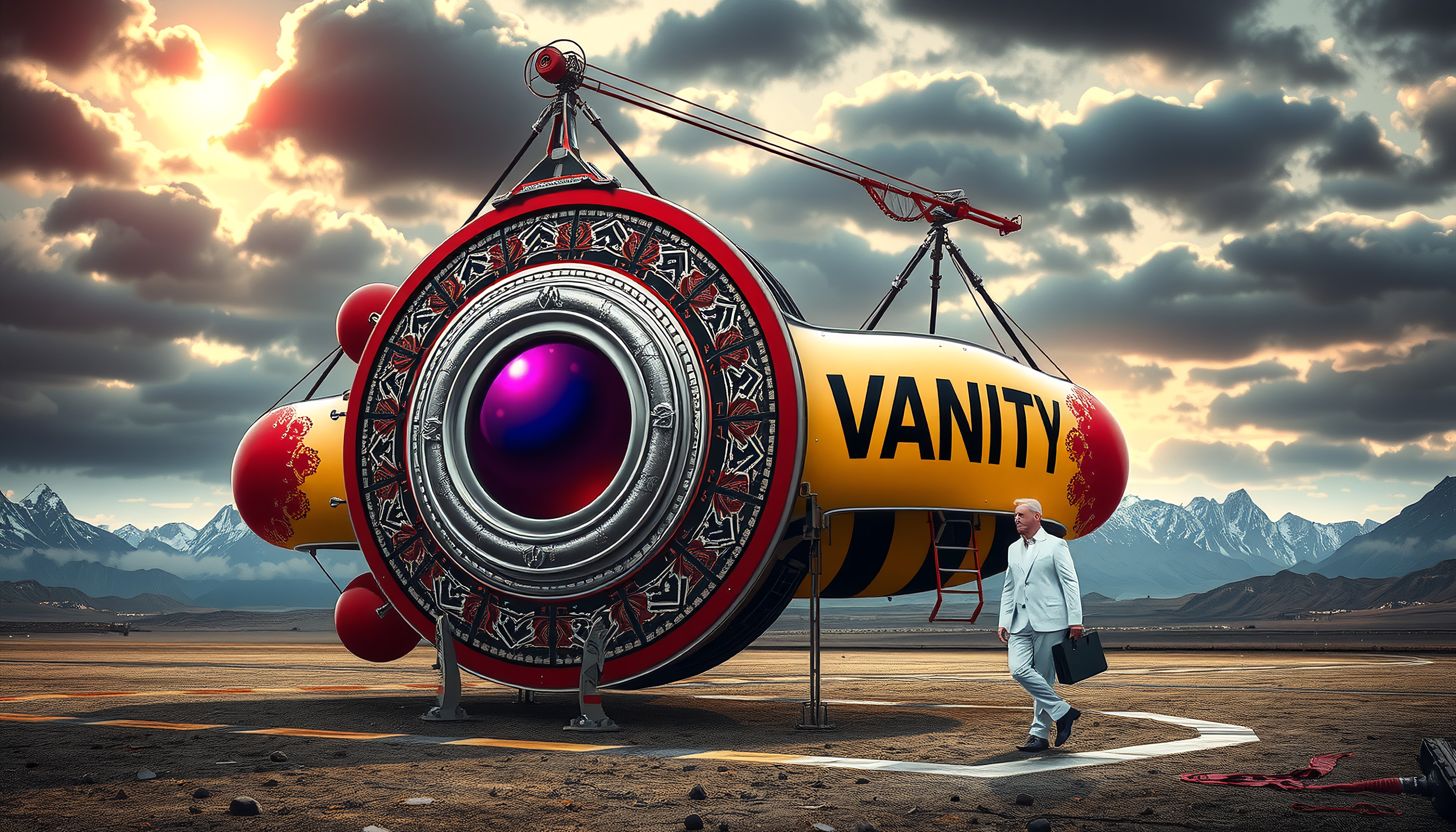 A futuristic vehicle named VANITY in a dramatic mountainous landscape under a textured sky.