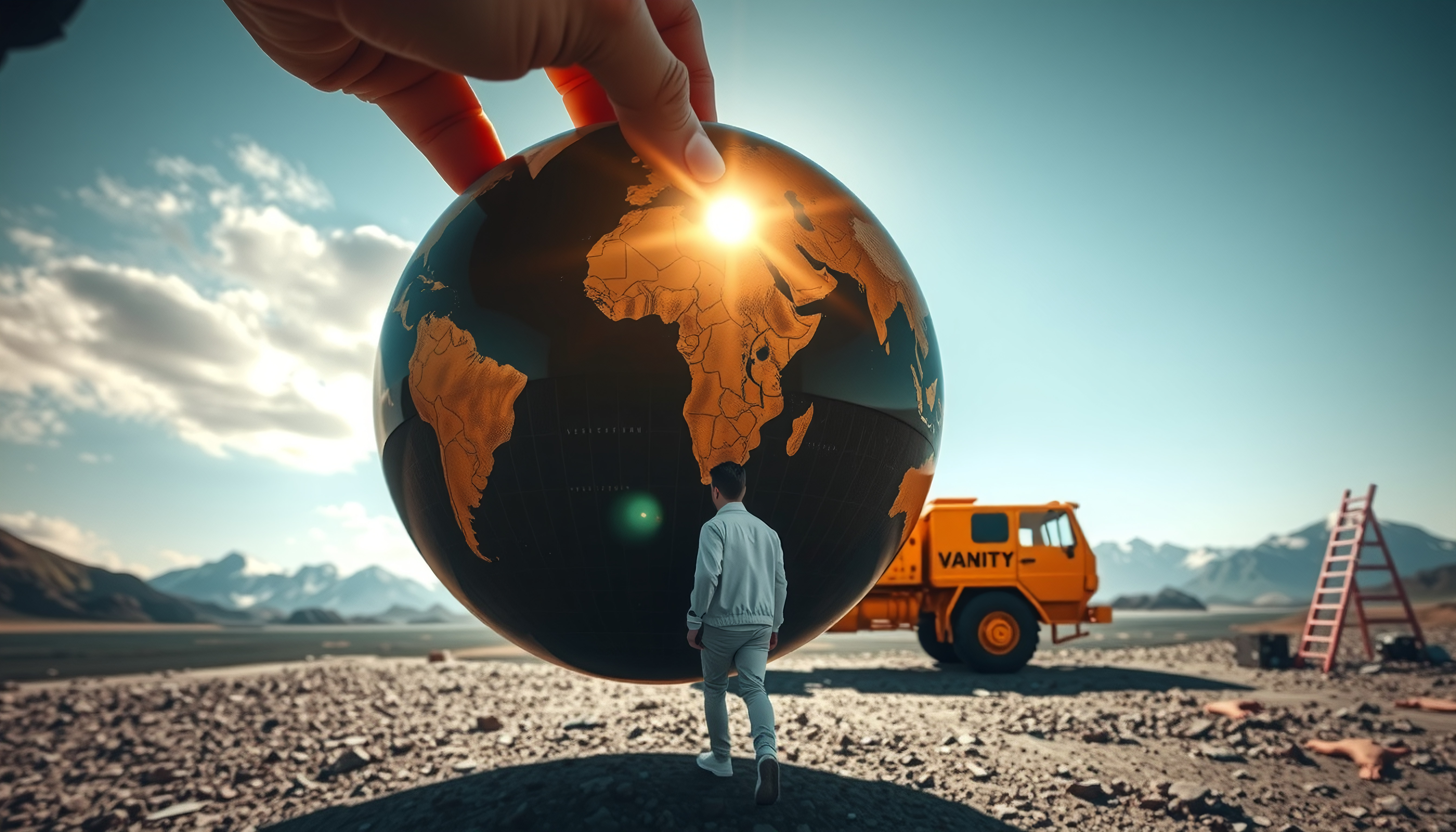 Hand Holding a Glowing Globe Against a Vast, Open Landscape