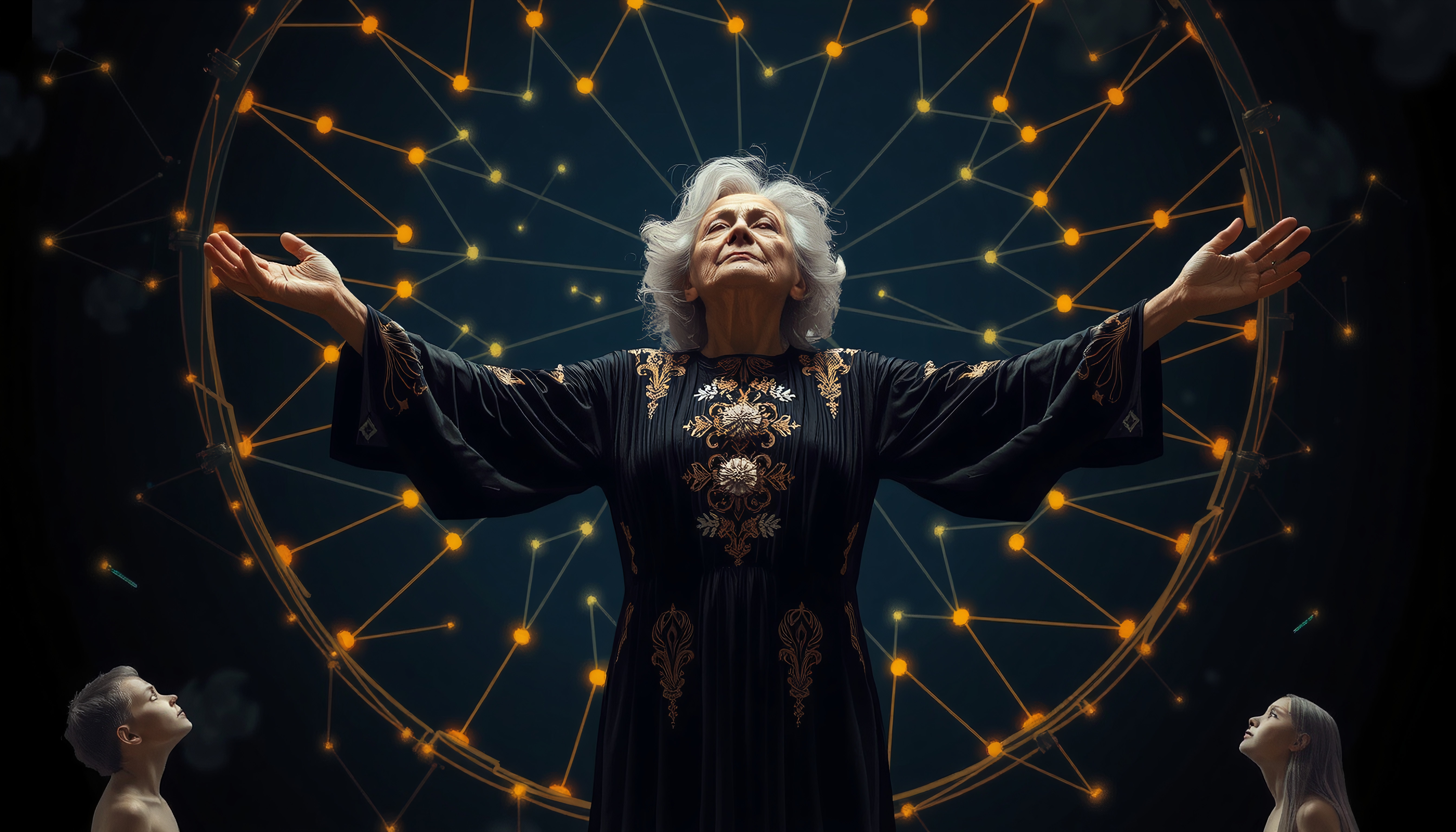 Elderly woman in black robe surrounded by glowing network, two young individuals gazing upwards.