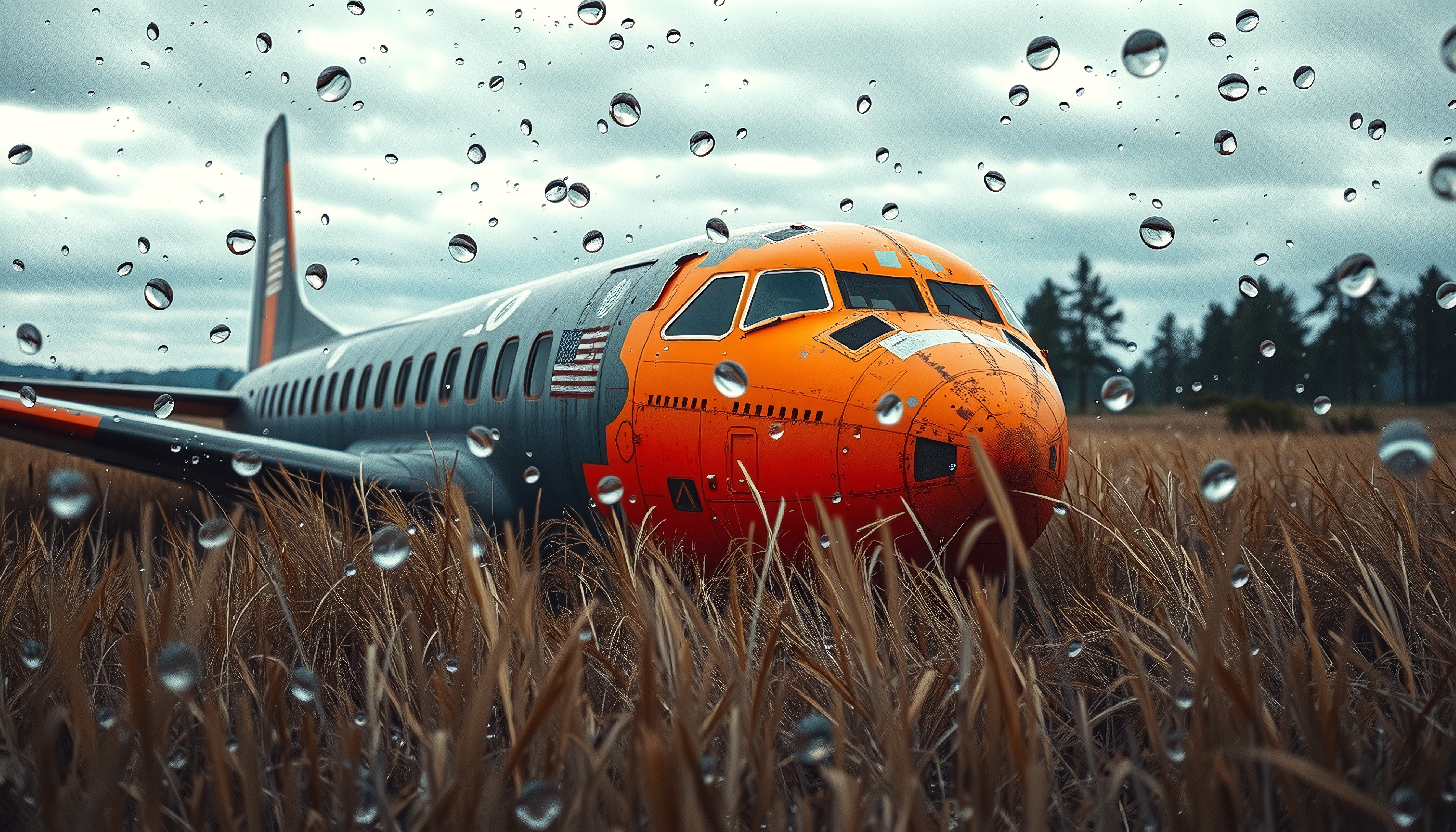 An abandoned airplane with an orange nose rests in a field of tall grass under a gray sky with raindrops on the lens.