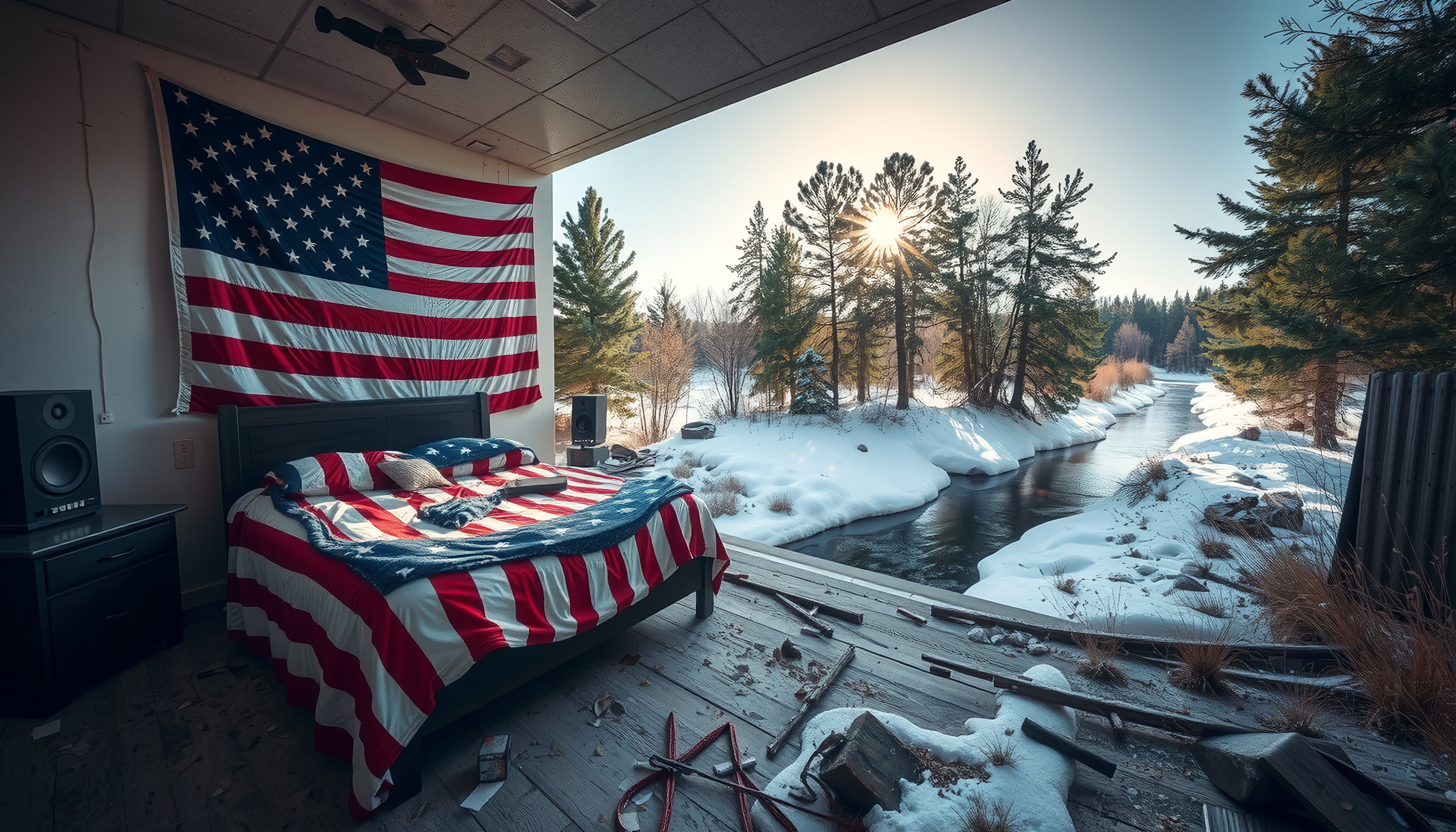 Open bedroom with American flag decor overlooking snowy forest and river.