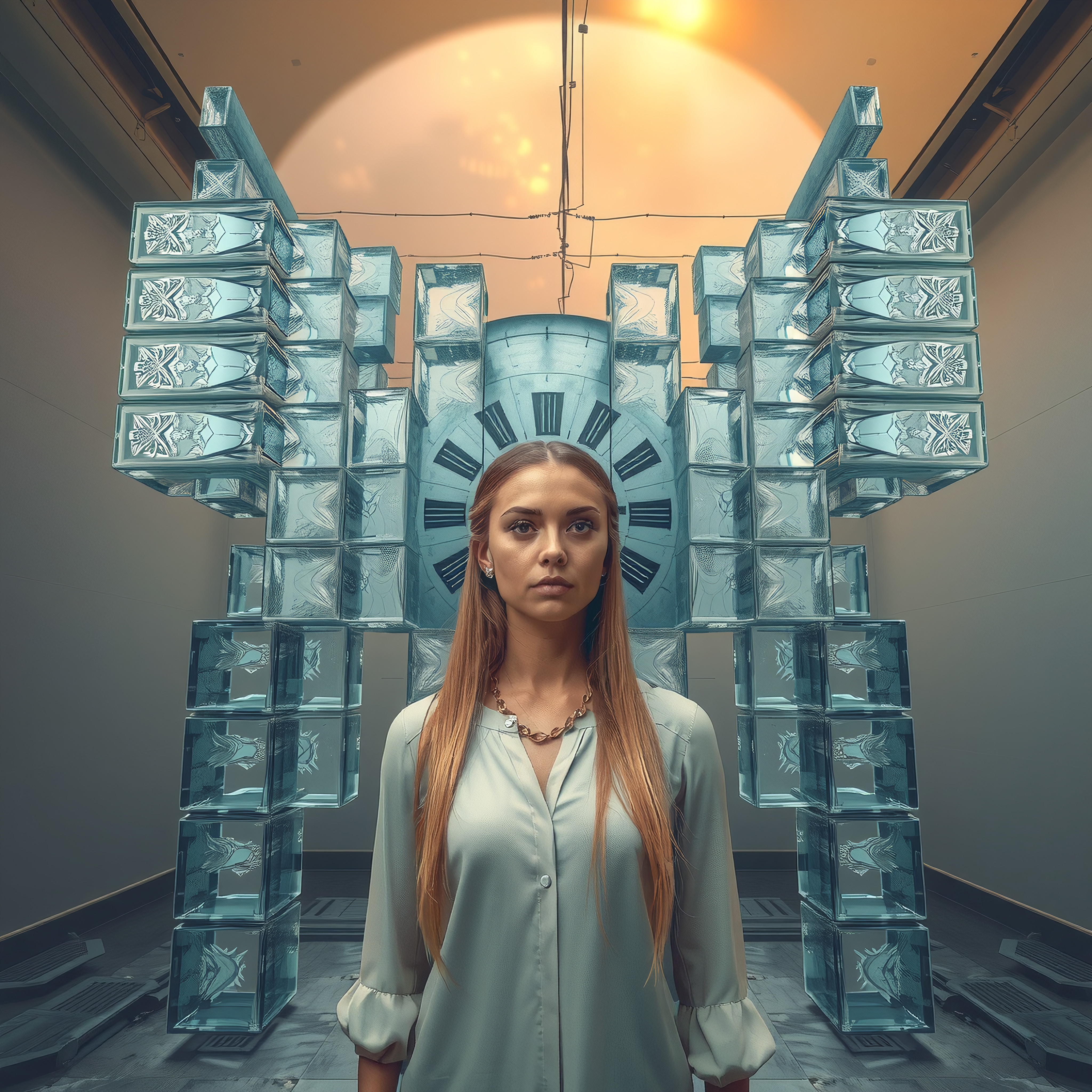Futuristic Glass Installation with Woman - Modern Technology Art