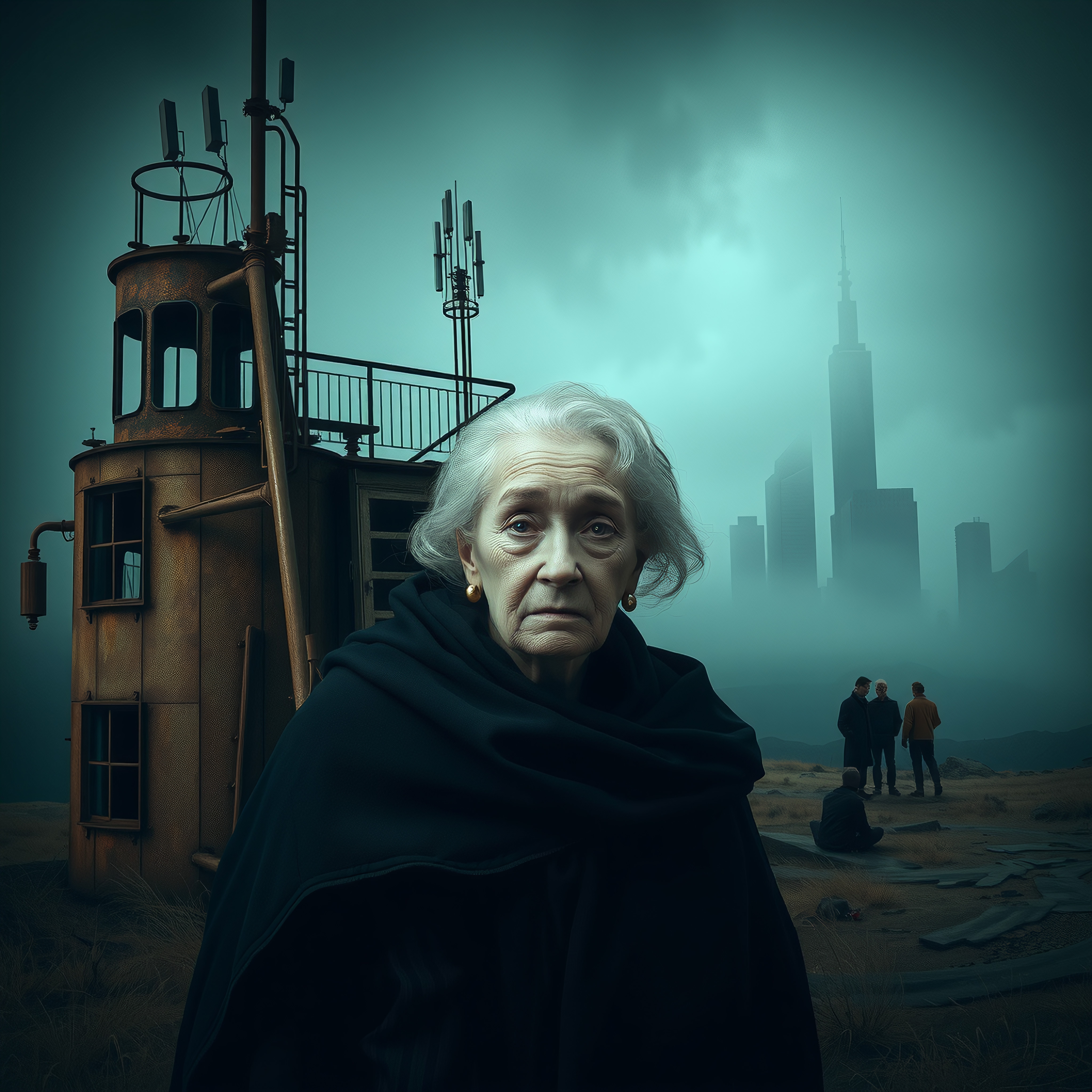 An elderly woman stands solemnly by a derelict structure with a foggy, urban skyline in the background.