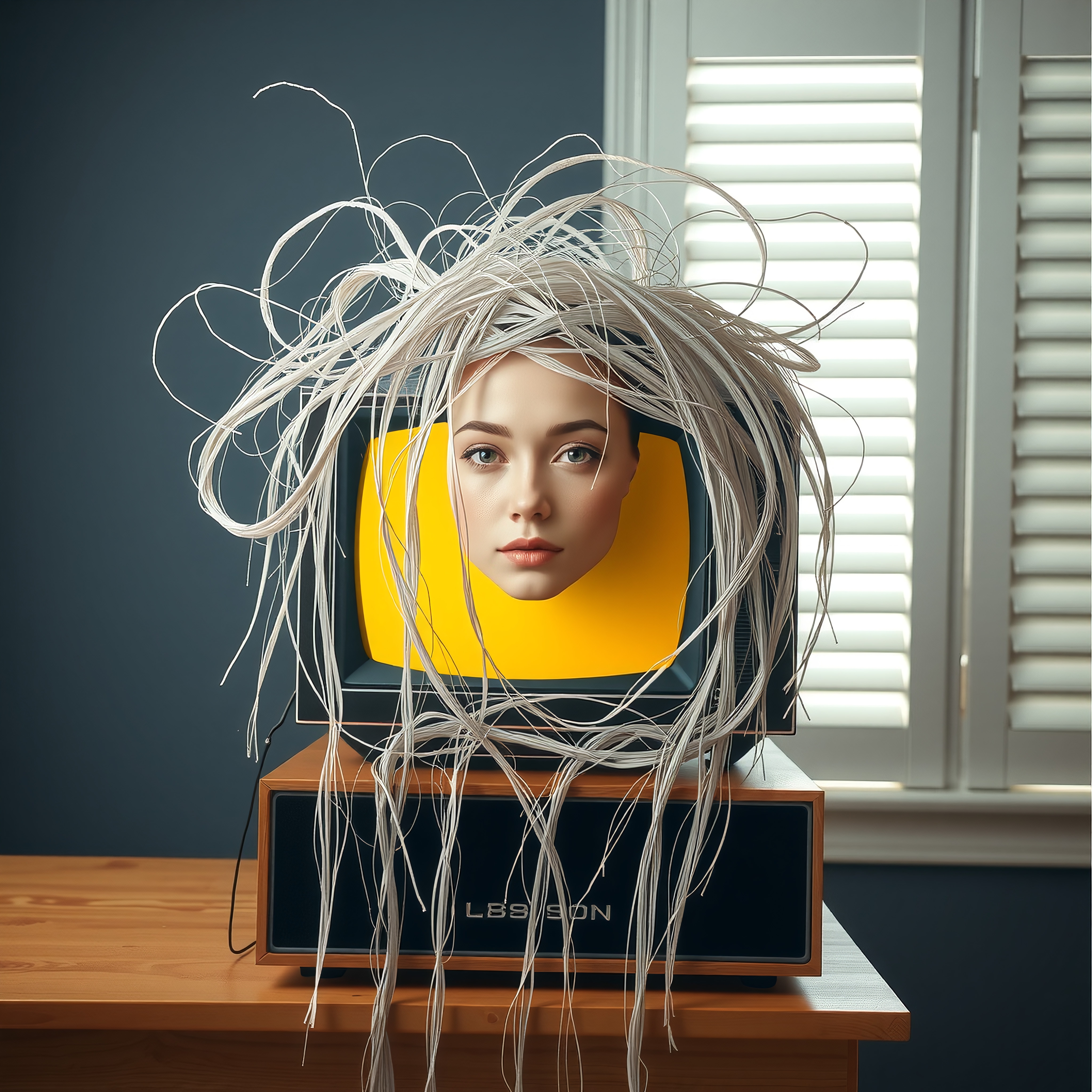A surreal image of a face on a TV screen with tangled cables resembling hair.