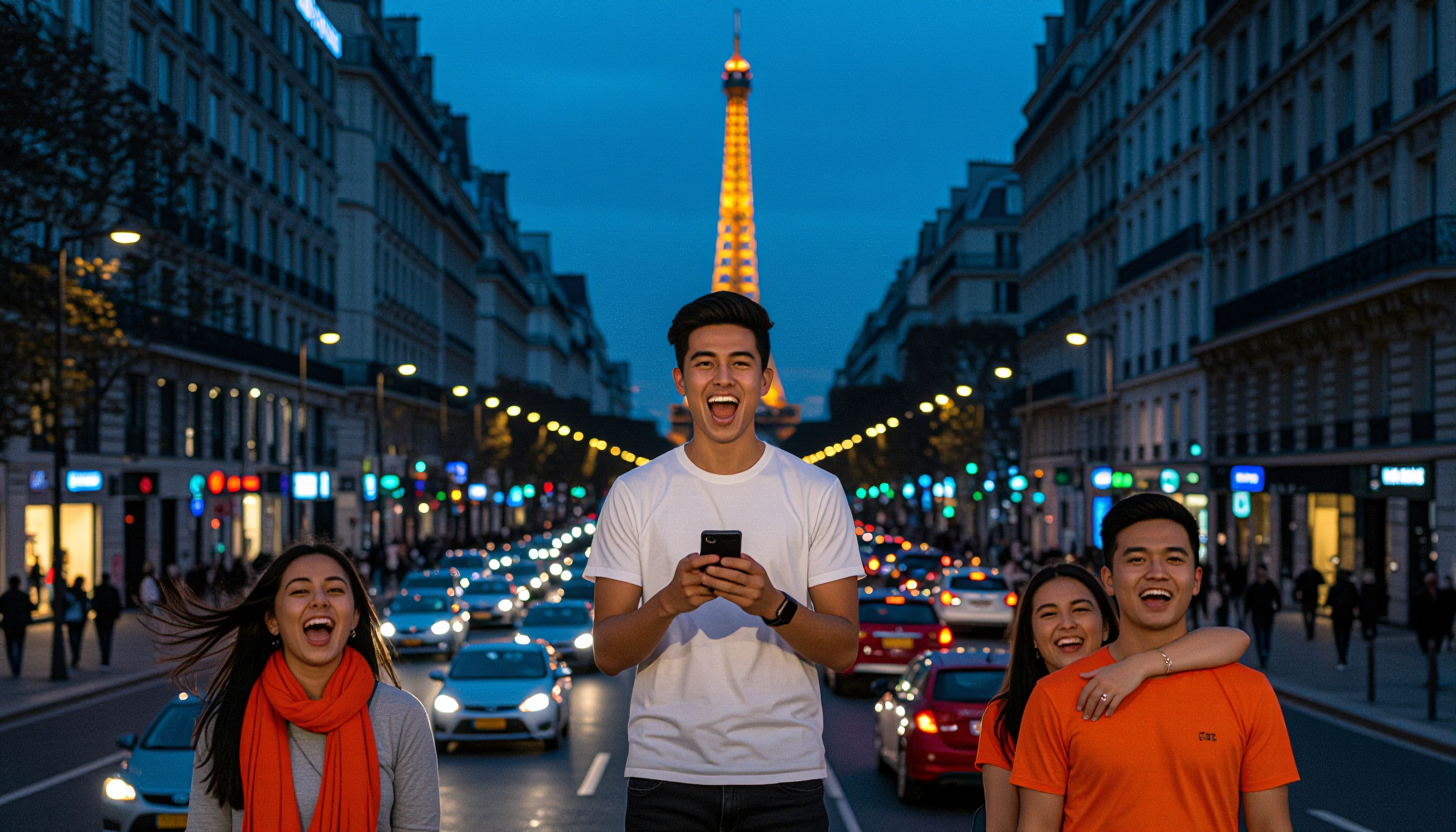 Four friends laughing in Paris with the illuminated Eiffel Tower in the background.