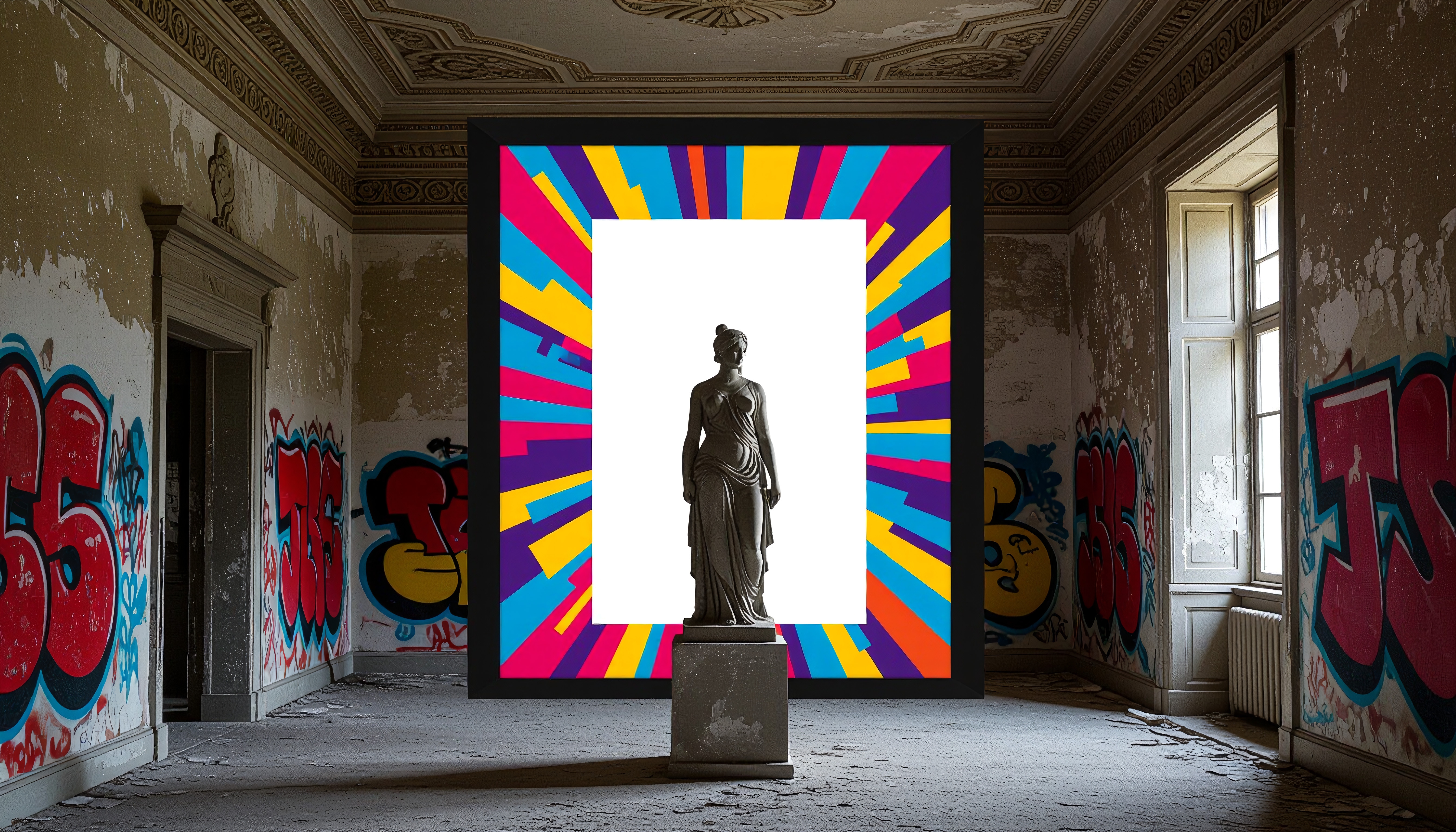 An artistic juxtaposition of classical statue and vibrant graffiti in a decaying urban room.