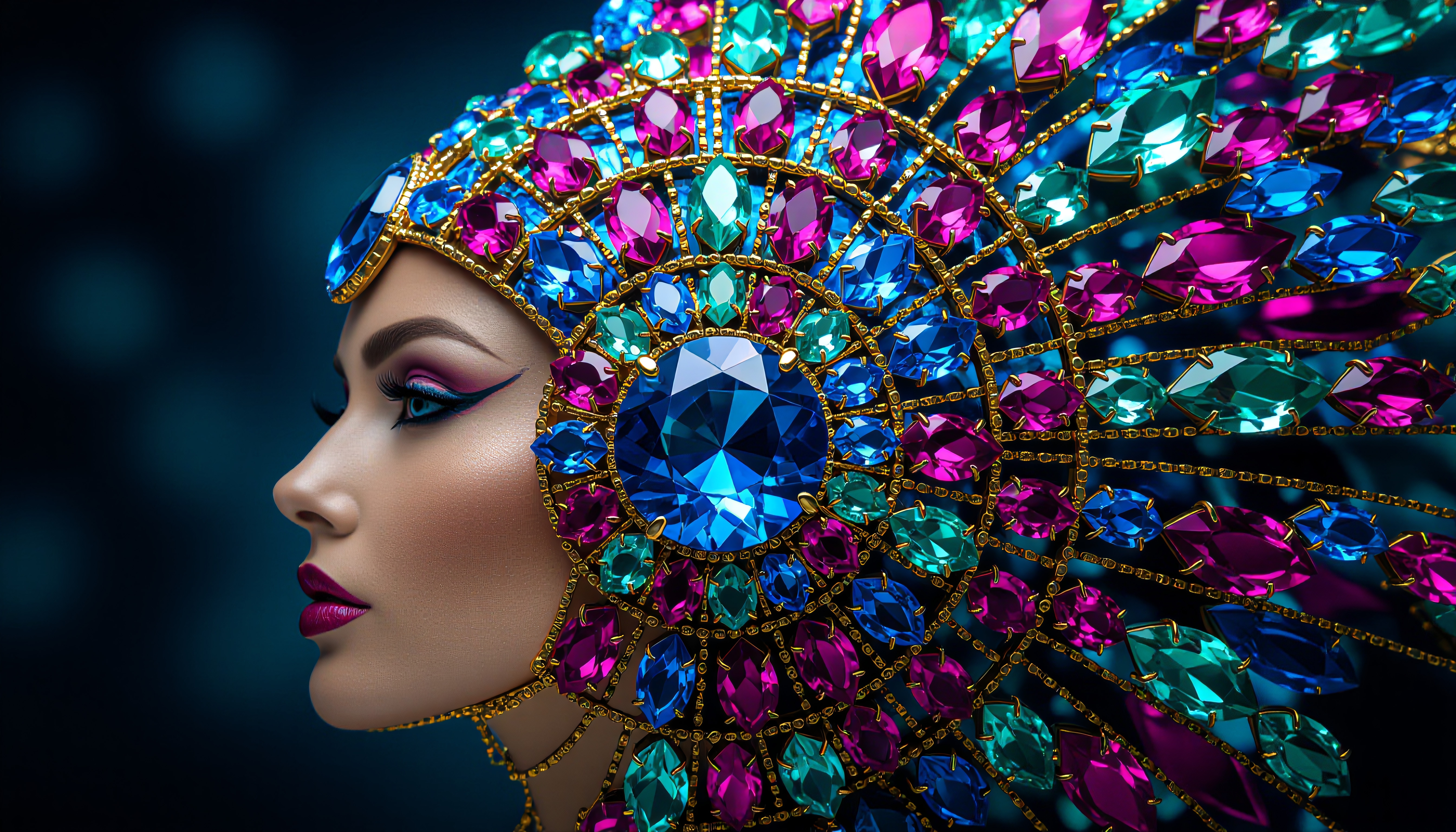 A woman in profile wearing a colorful headdress made of gemstones in blue, pink, and green, set in gold, with matching bold makeup against a teal background.