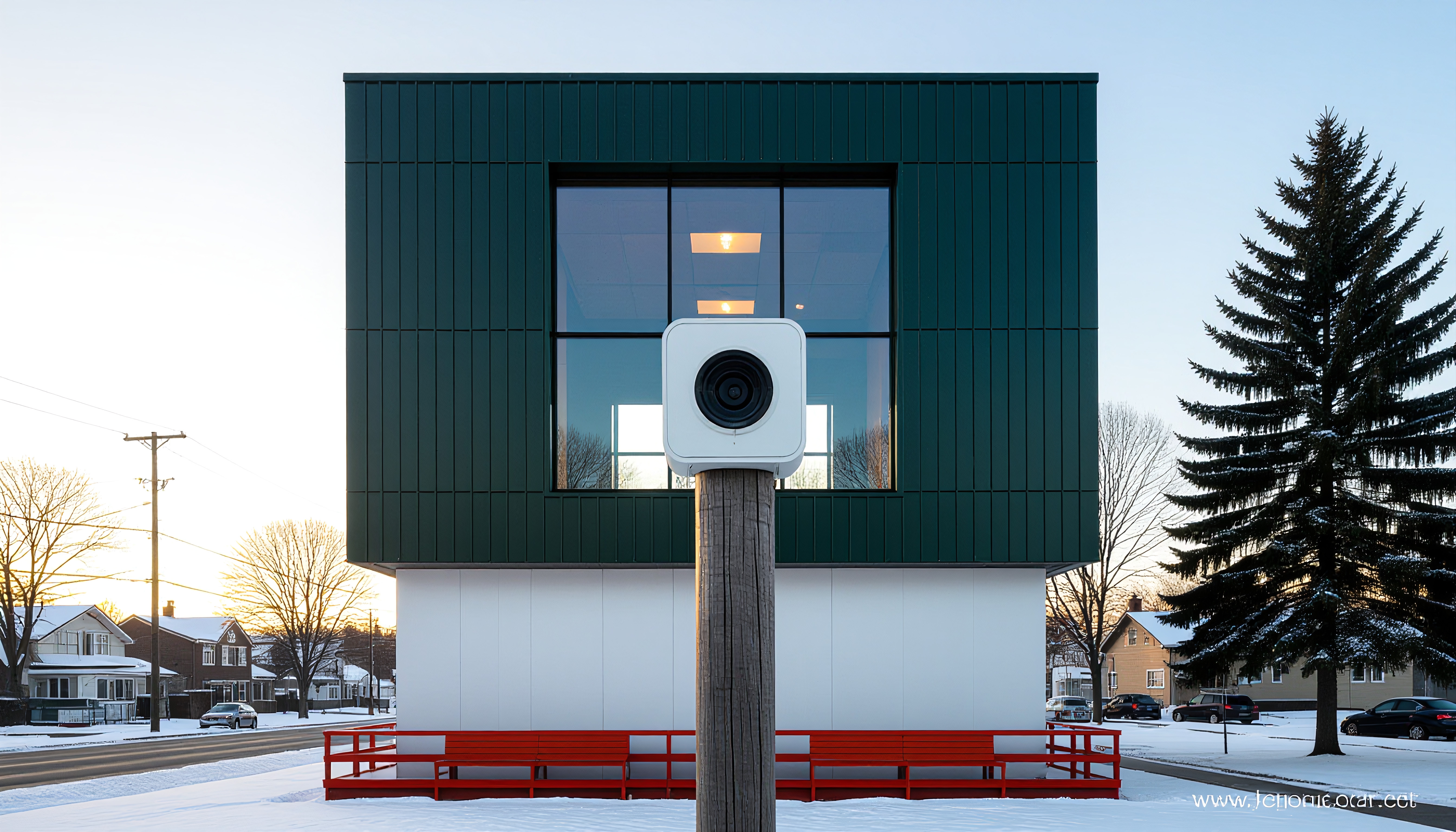 Modern building with unique design in snowy urban landscape.