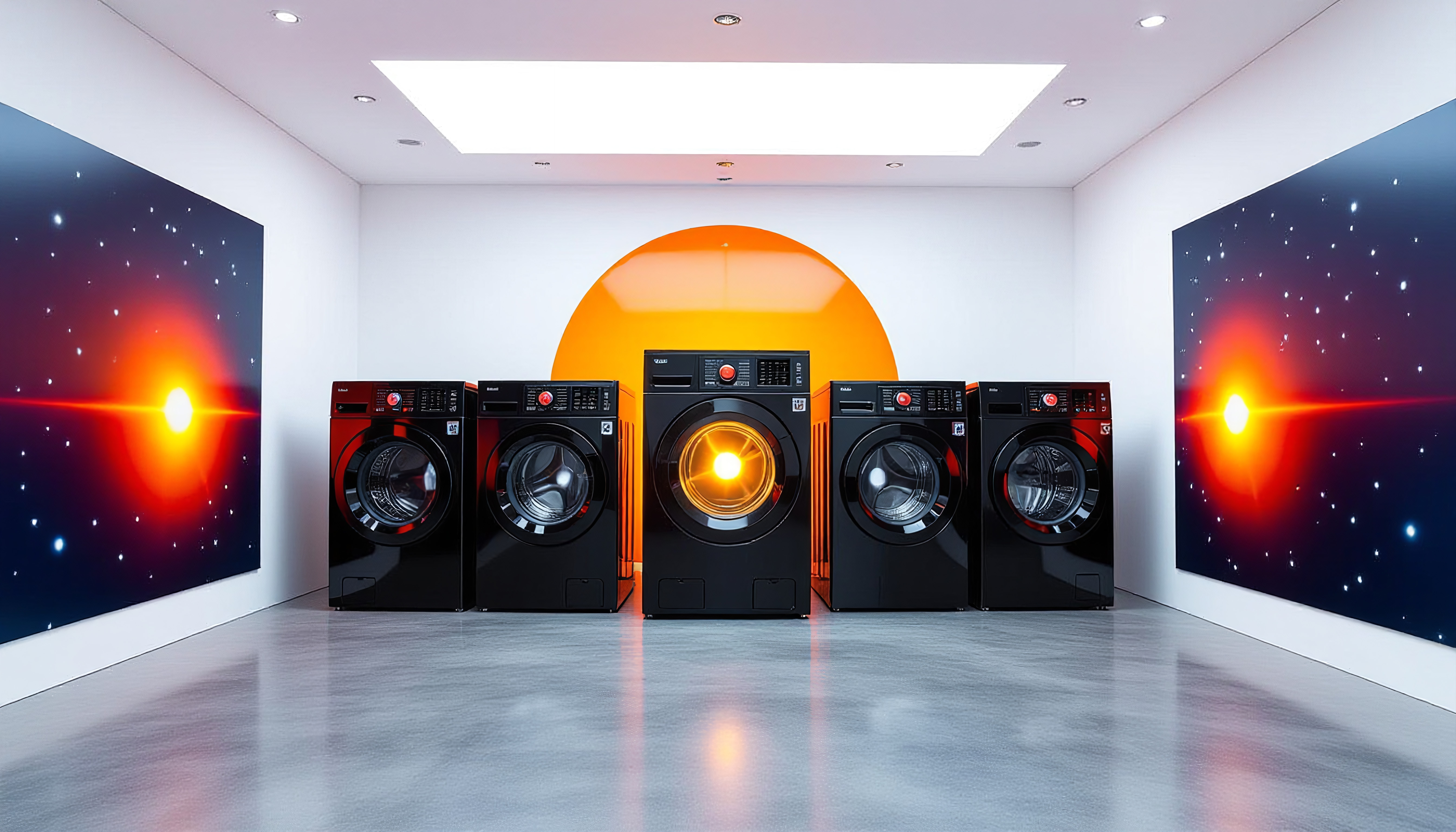 Futuristic black washing machines with orange accents in a sleek, modern laundry room.
