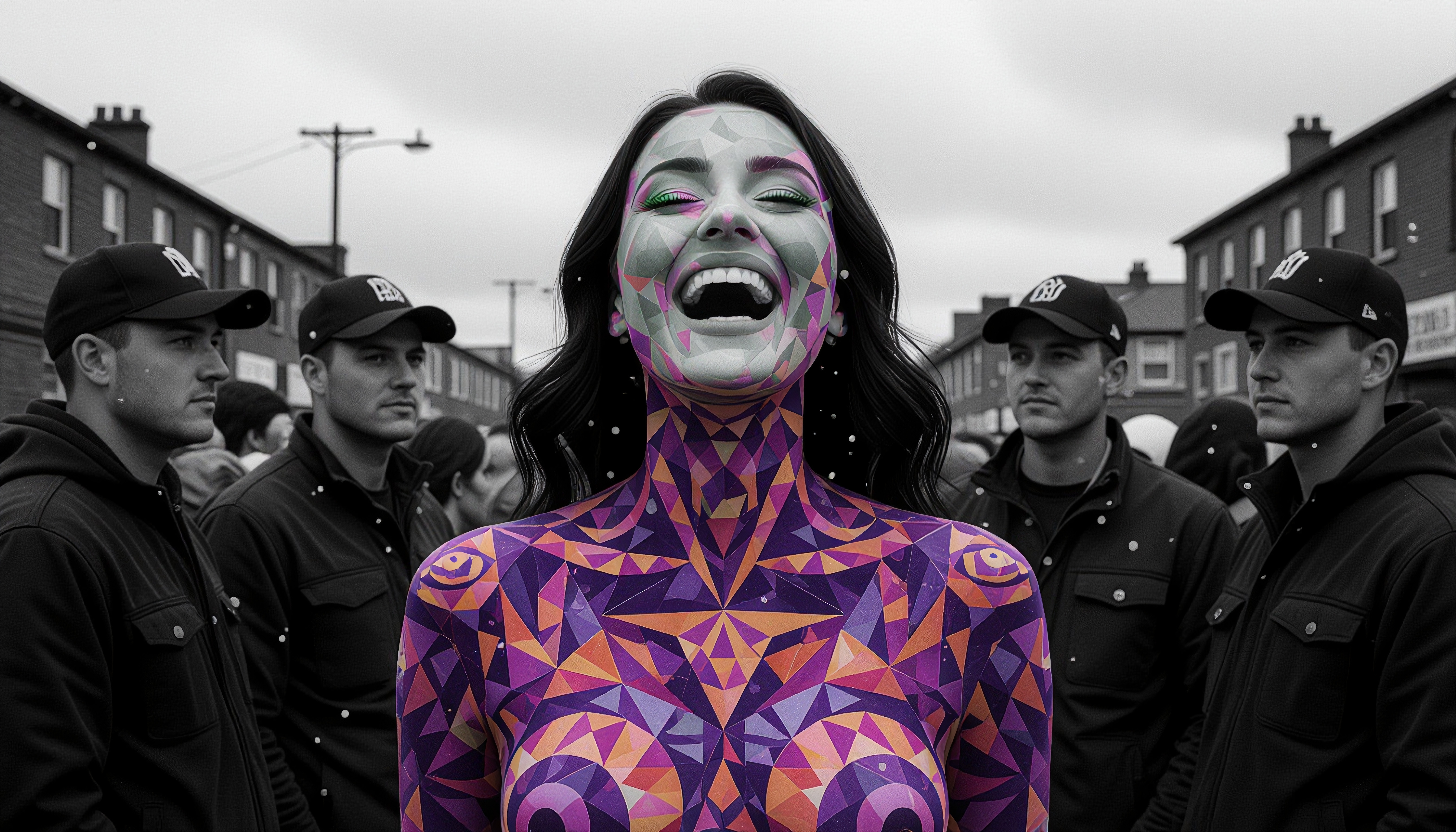 A woman with vibrant geometric body art stands joyfully amidst monochrome surroundings in an urban setting.