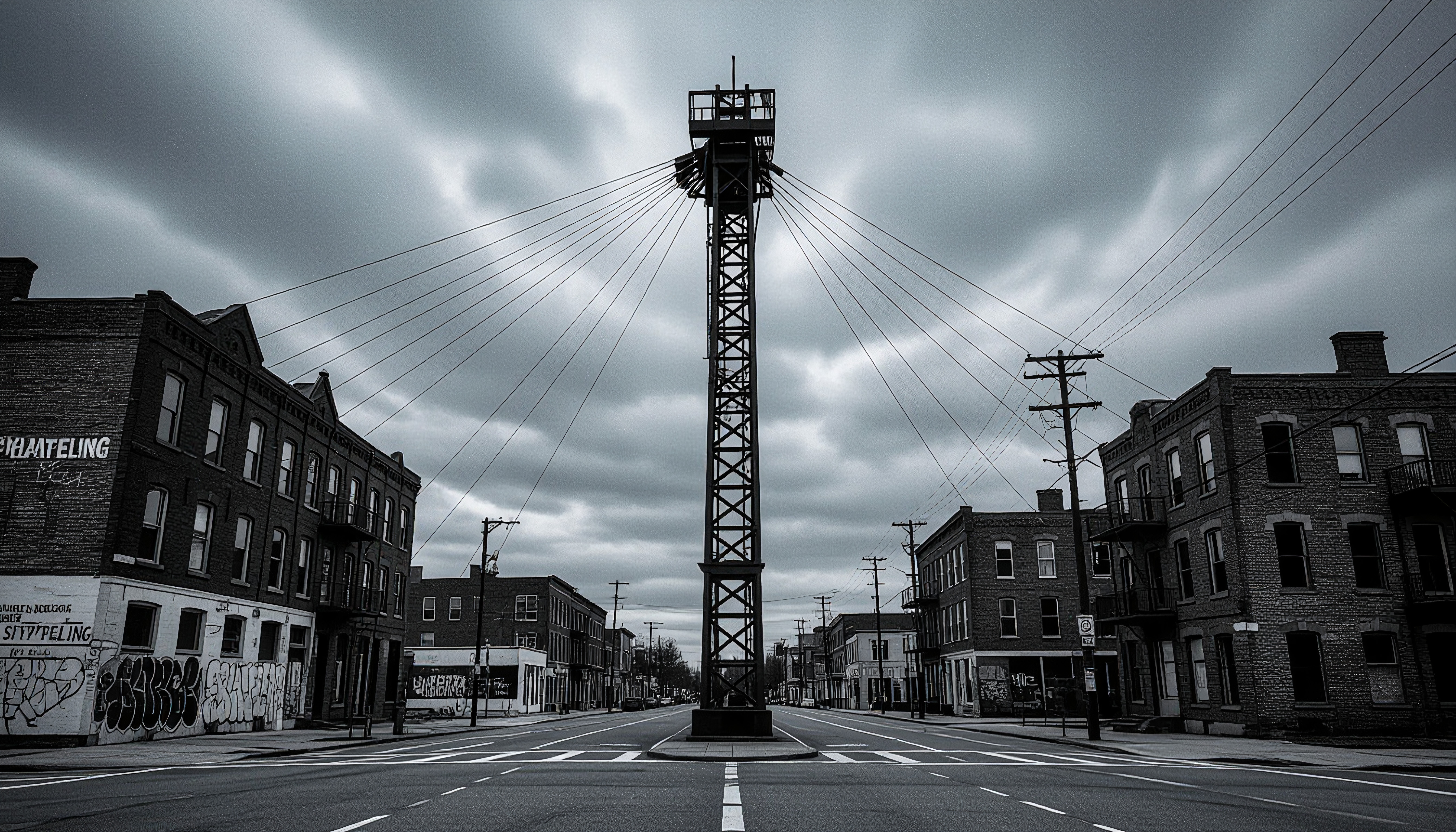 Abandoned Industrial Tower Amidst Decaying City Street Scene